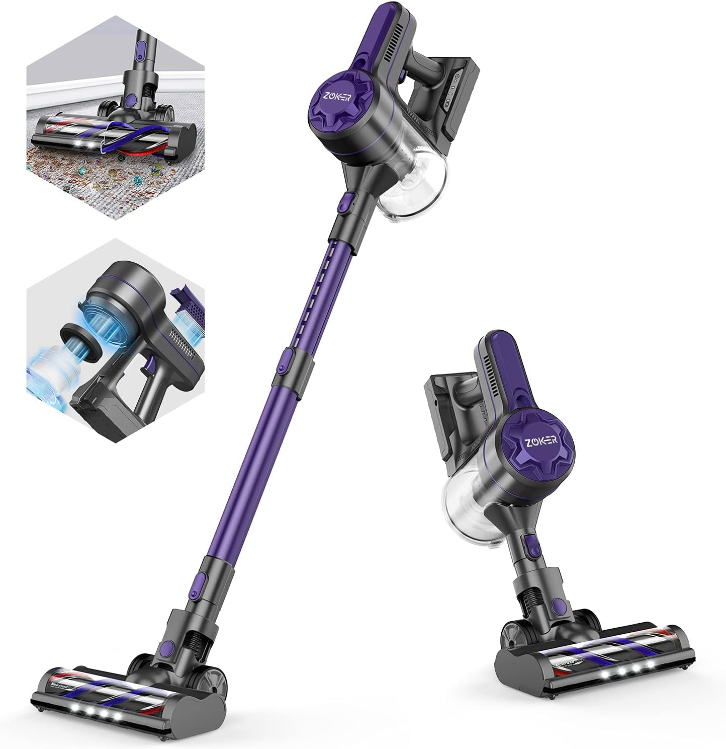 ZOKER Cordless Vacuum, Stick Vacuum with 5 Stages High Efficiency Filtration, 80000 RPM High-Speed Brushless Motor, 4 in 1 Lightweight Handheld Vacuum for Hardwood Floor Pet Hair (Purple)