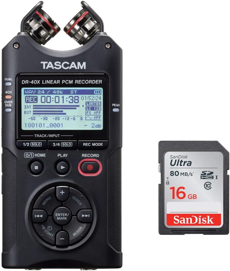 Tascam DR-40X Four-Track Digital Audio Recorder with 16GB Memory Card Bundle