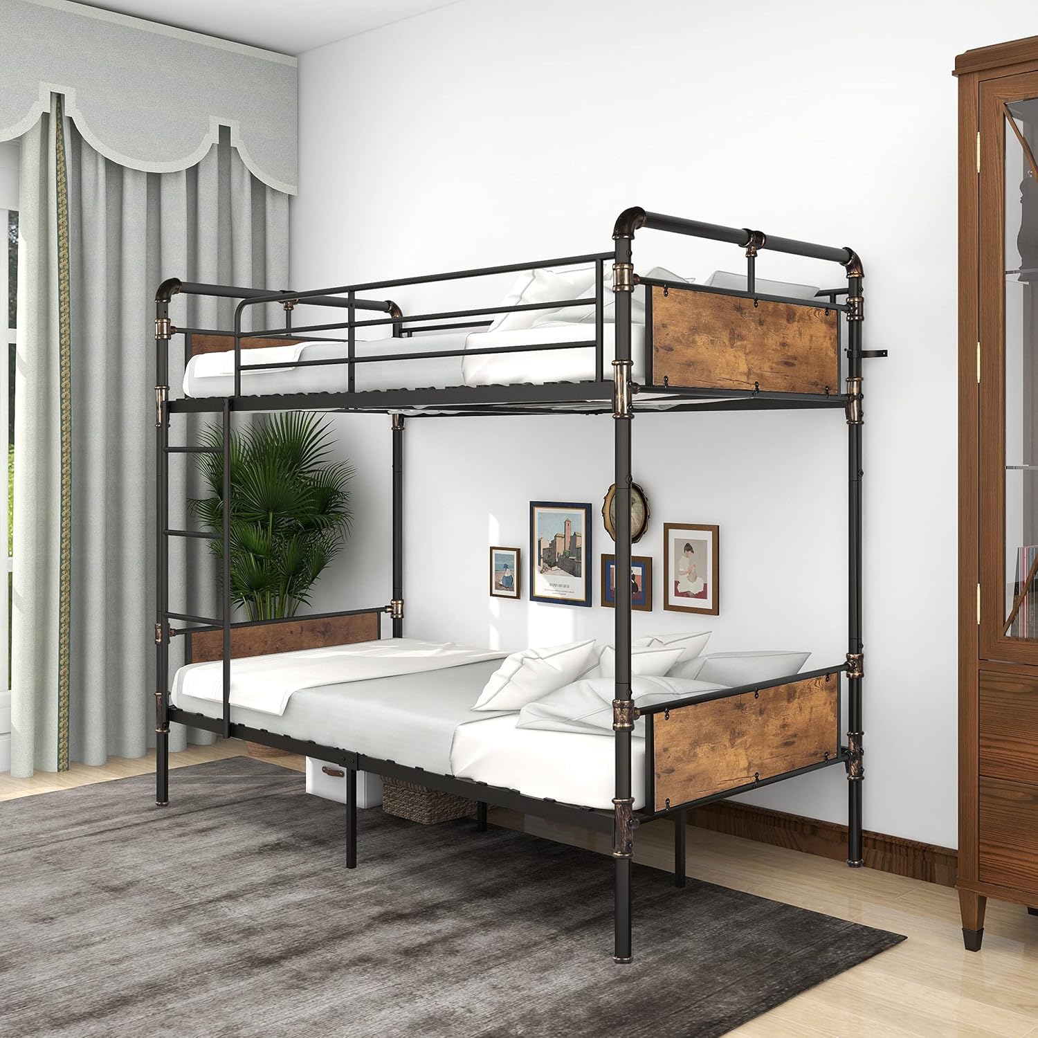 Retro Metal Bunk Bed-Detachable for Use As Two Beds,Twin Over Twin with Stairs and Rustic Wood Headboard Footboard/Steel Slat Support/Safety Guard Rail/Easy Assembly,Dark Brown Twin