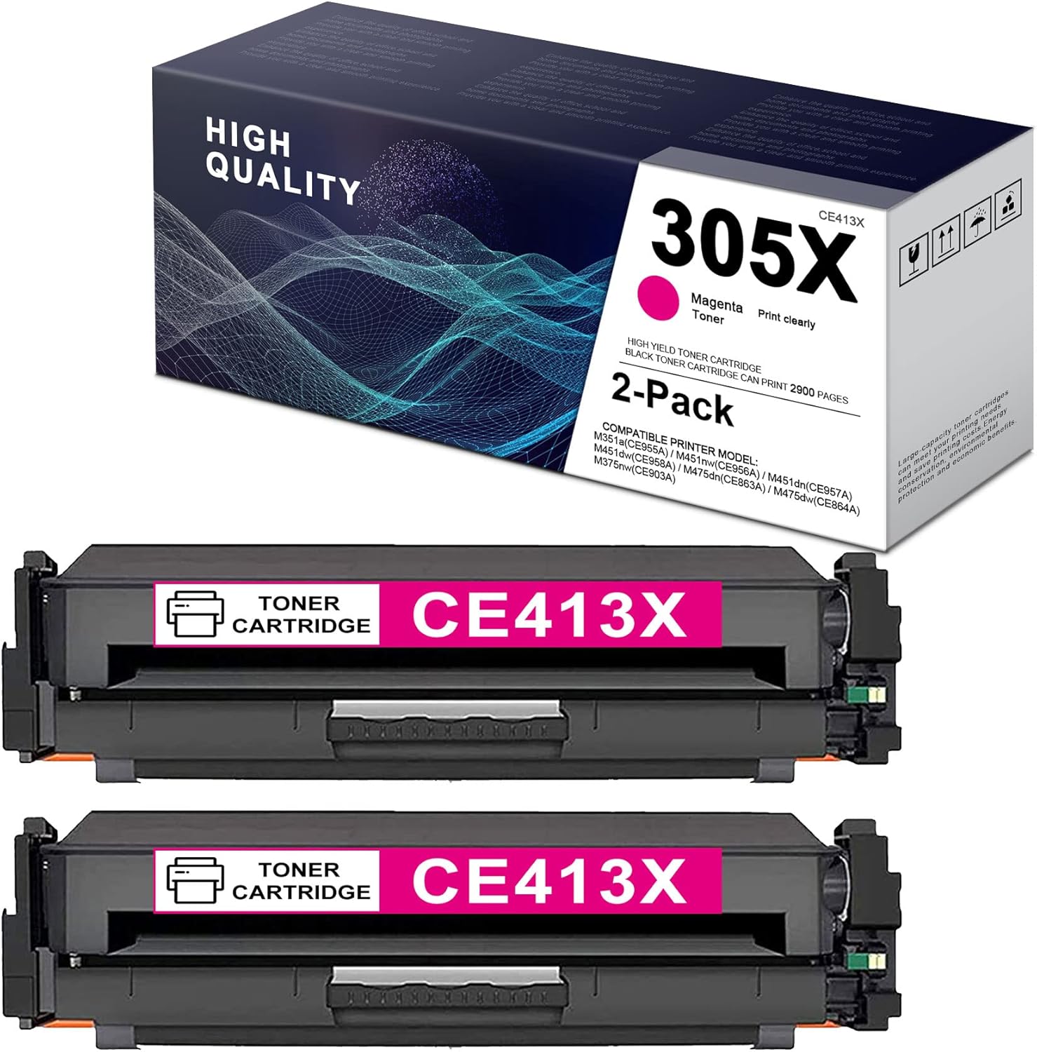 2 Pack 305X Compatible CE413X Toner Cartridge Replacement for HP M351a M451dw M451dn M375nw M475dw M475dn M451nw Printer Toner.(Magenta) Pack of 2
