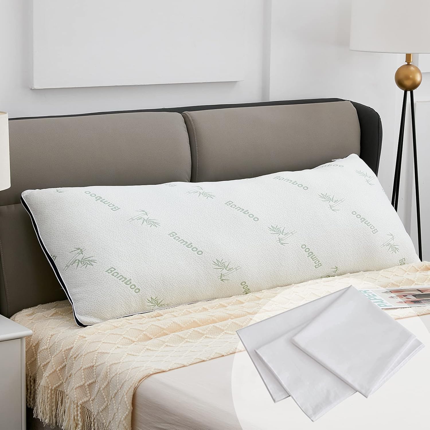 Lipo Full Body Pillow with Bamboo Cover - Cooling & Breathable Pillows for Comfortable Sleep with 100% Cotton Pillowcase - Adjustable, Soft & Supportive for Back and Side Sleepers - 21