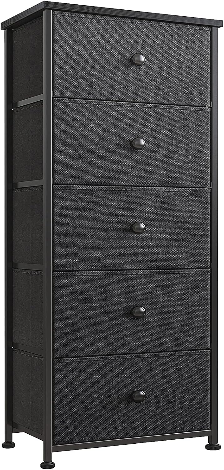 REAHOME 5 Drawer Dresser for Bedroom Storage Tower Closet Organizer Vertical Chest Sturdy Steel Frame Tall Dresser Wooden Top Removable Fabric Bins Hallway Entryway Office Organization(Black Grey) YLZ5B1