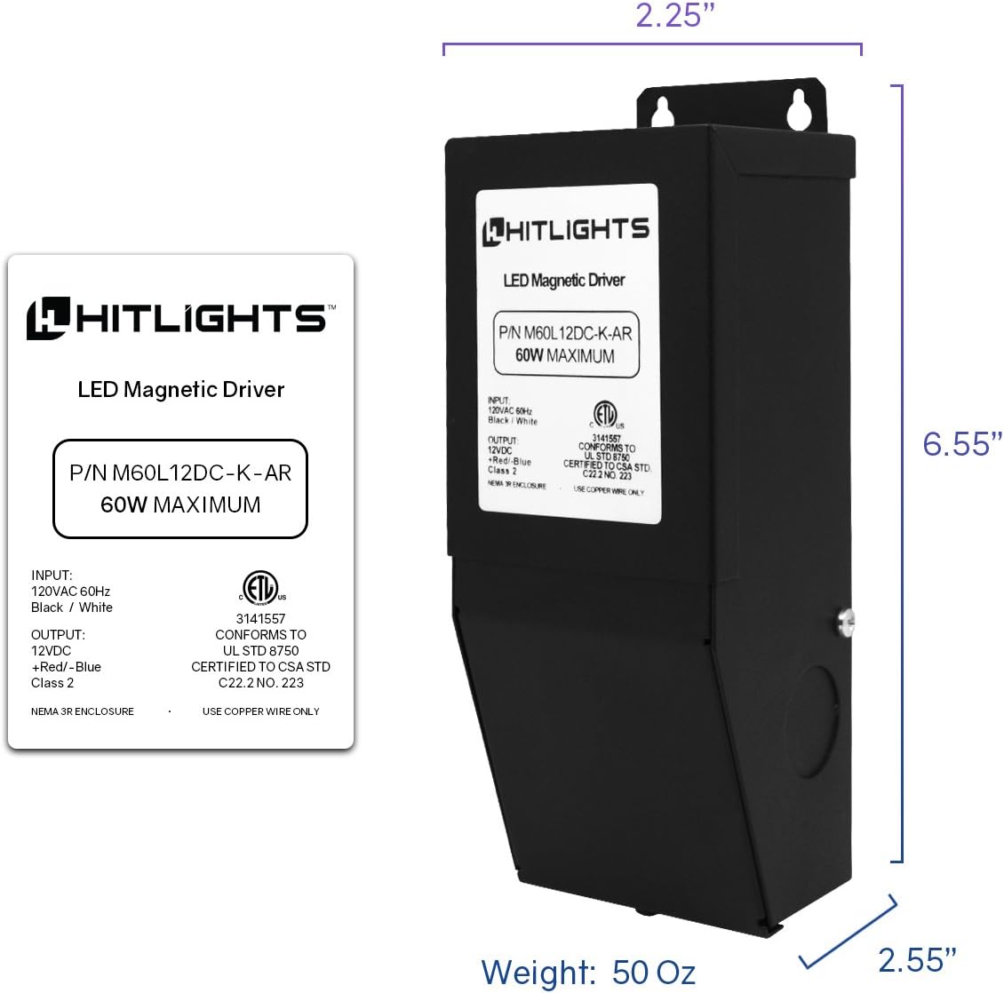 Magnitude Dimmable Driver, 60 Watt Magnetic LED Driver - 110V AC-12V DC Transformer. Made in the USA. Compatible with Leviton for LED Strip Lights, Constant Voltage LED Products