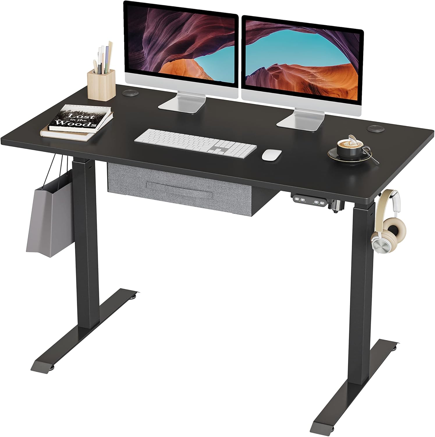 BANTI Adjustable Height Standing Desk with Drawers, 63x24 Inches Electric Stand Up Desk, Sit Stand Home Office Desk with Black Frame/Black Top