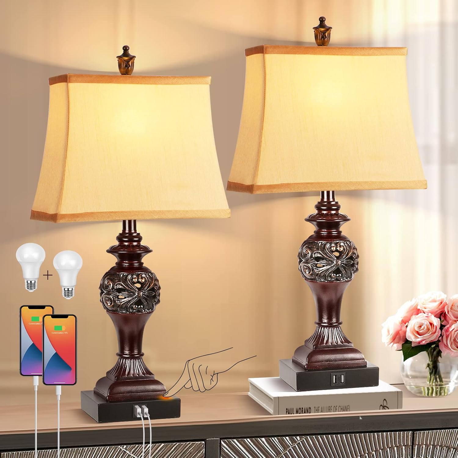 Table Lamps Touch Control, Set of 2 Bedside Lamps for Bedroom Living Room, 3-Way Dimmable Nightstand Lamps with USB Ports and AC Outlet, Deep Brown Desk Lamp Farmhouse Lamp for Reading, Study Room