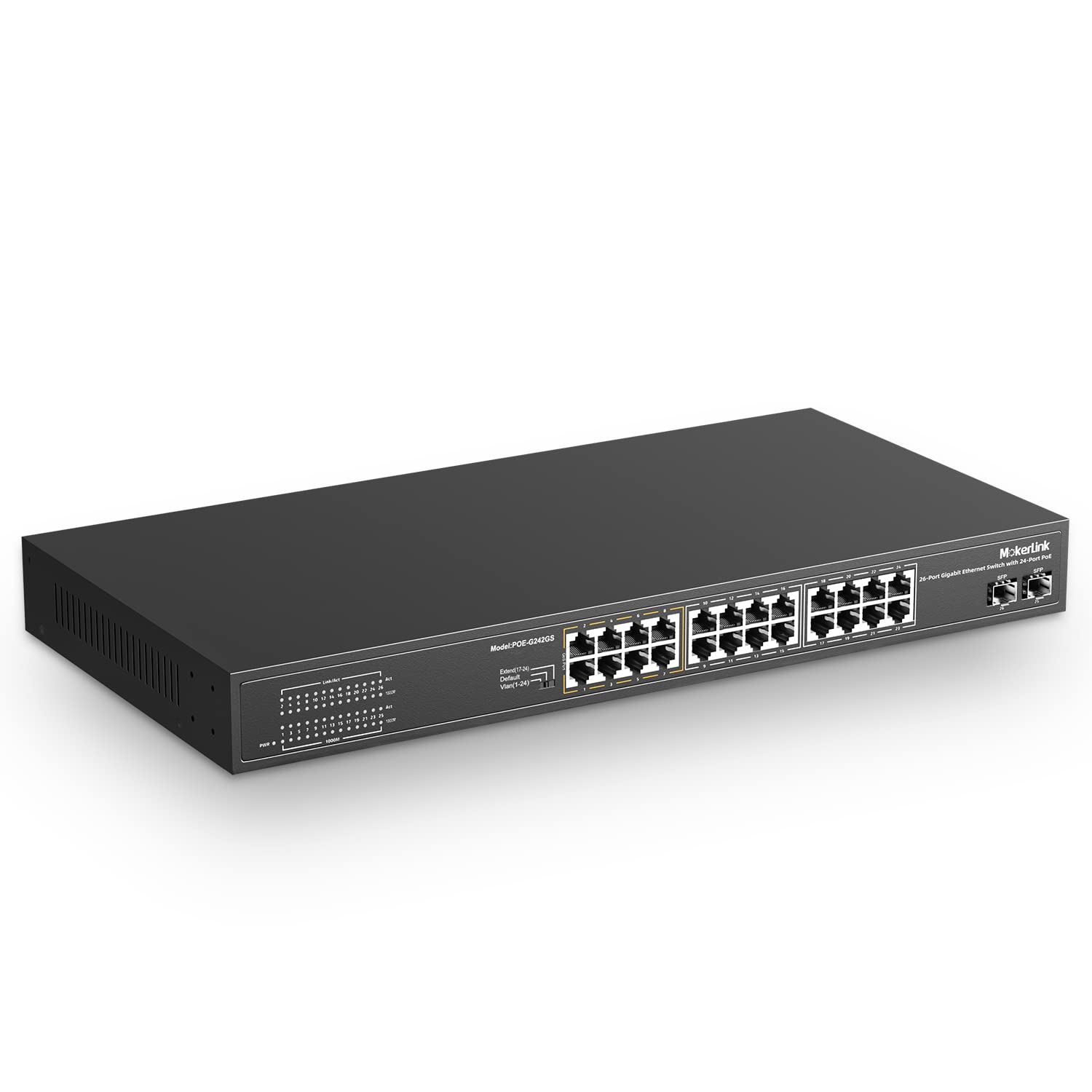 MokerLink 26 Port Gigabit PoE Switch, 24 Gigabit PoE+ Ports, 2 Gigabit SFP Uplink, 300W IEEE802.3af/at, Fanless Rackmount Unmanaged Plug and Play Ethernet Switch