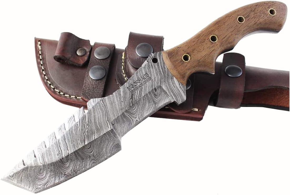 Damascus Knife - Moorhaus Handmade Tanto Tracker - Walnut Wood Handle - Includes Leather Sheath - Special Promotional Pricing