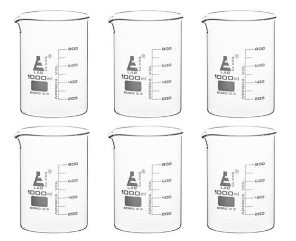 Eisco Labs Beaker - 1000mL, Borosilicate Glass, 100ml Graduation Low Form - Pack of 6