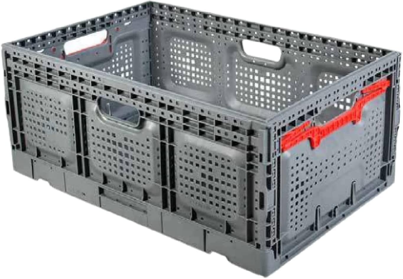54L Collapsible Plastic Crates, Large Heavy Duty, Grated Wall Utility Storage Basket Stackable Containers - Larger Fruits, Veggie, Home, Garage, Ergonomic Lock System, Gray 23.5
