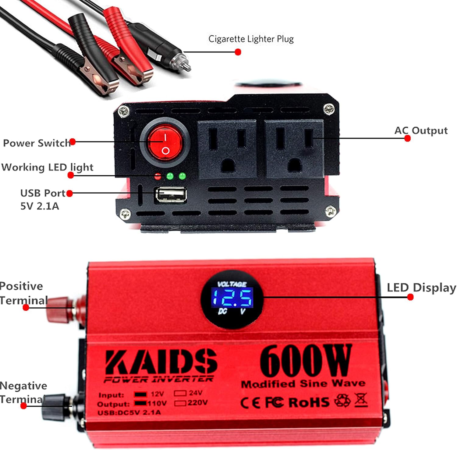 KAIDS Power Inverter Full Power 600W Car Inverter Laptop Charger Peak 1200W DC 12V to 110V AC Car Inverter USB Ports Charger Adapter Car Plug Converter with Switch and Current LED Screen (600w) Pack of 2