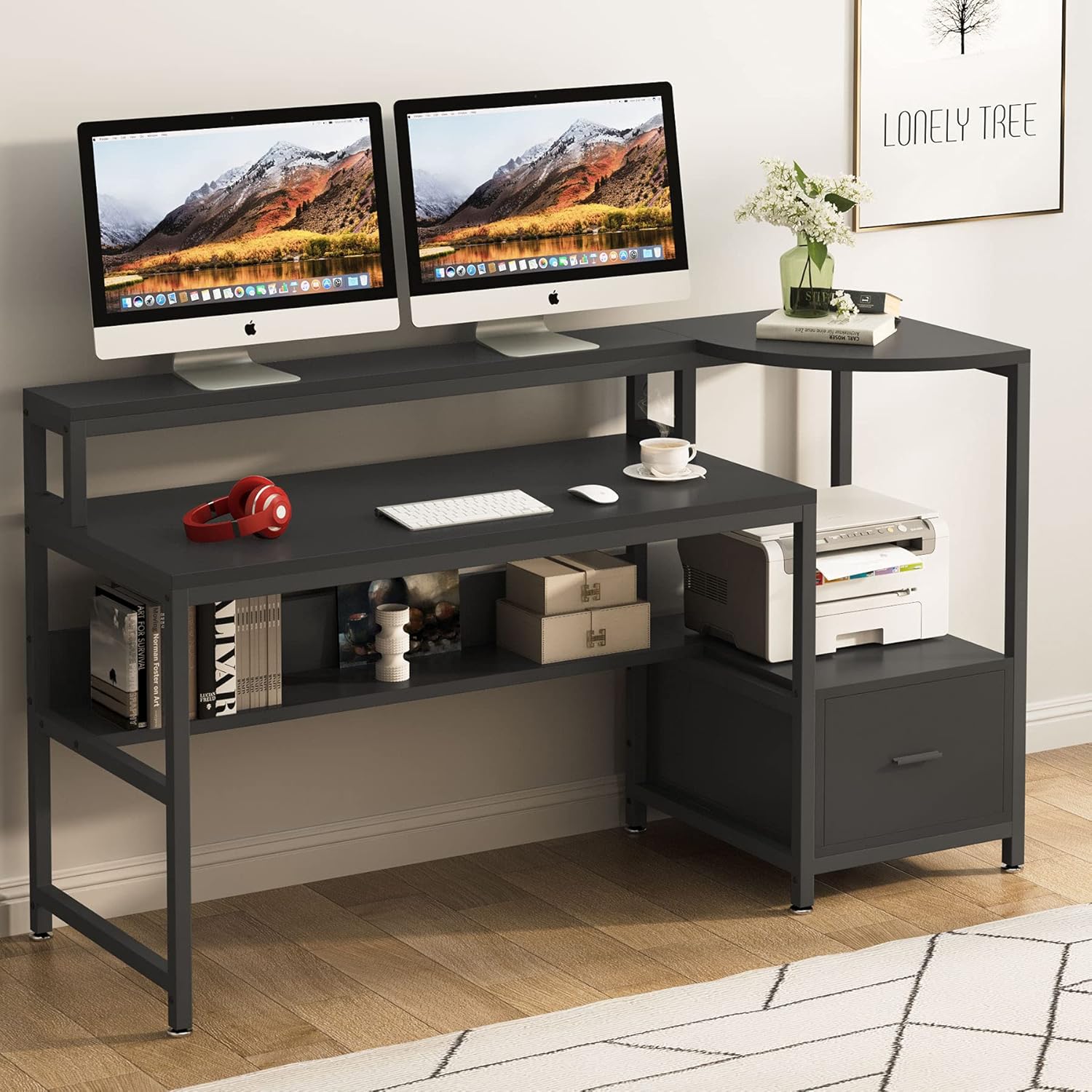 Tribesigns Computer Desk with Hutch and Storage Shelves, 63&rdquo; Modern Home Office Desk with Monitor Stand File Drawer Writing Table Workstation for Home Office (Black)