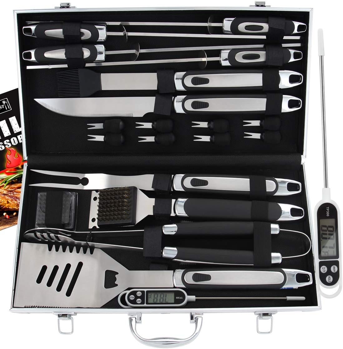 ROMANTICIST 21pc BBQ Grill Accessories Set with Thermometer - The Very Best Grill Gift on Birthday Wedding - Heavy Duty Stainless Steel Grill Utensils with Non-Slip Handle in Aluminum Case