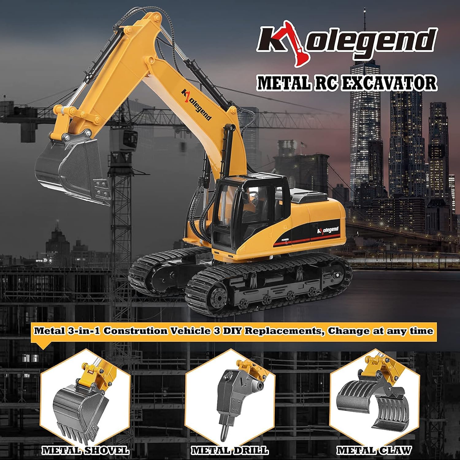 kolegend 3 in 1 Remote Control Excavator with Grab Drill Metal Shovel, 15 Channel Full Functional Construction Tractor, 1/14 Excavator Toy Truck RC Vehicles