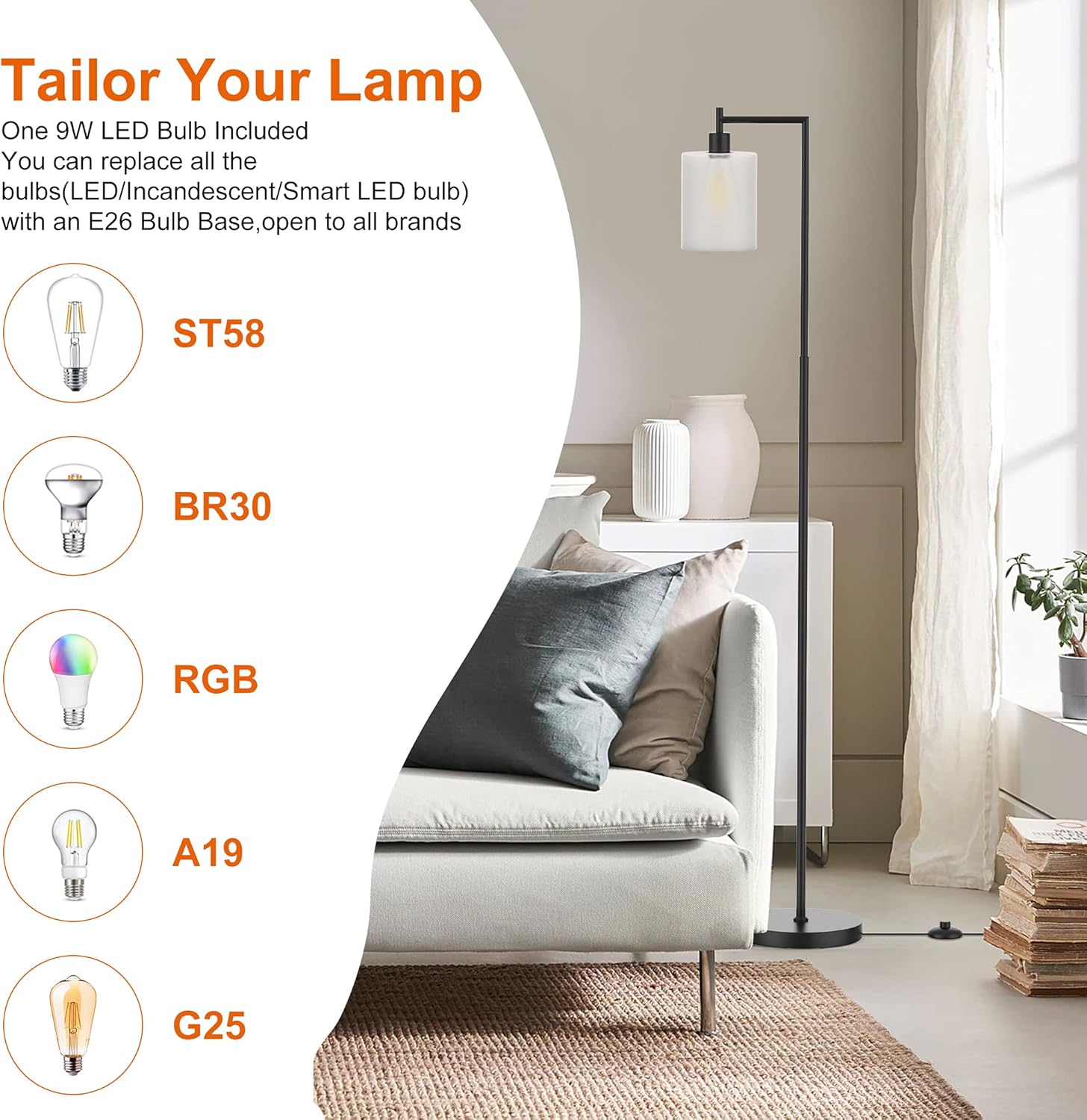 Floor Lamp, Industrial Floor Lamp for Living Room, 66'' Tall Lamp for Bedroom, 10'' Diameter Metal Base, Modern Black Floor Lamp, One Light Bulb included and Replaceable