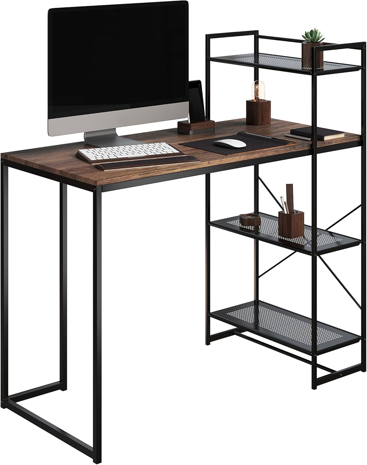 Lavish Home 80 BLT-SHF All-in-One Computer Desk with Shelves for Home Office, Bedroom, or Craft Table, Rustic Brown & Black