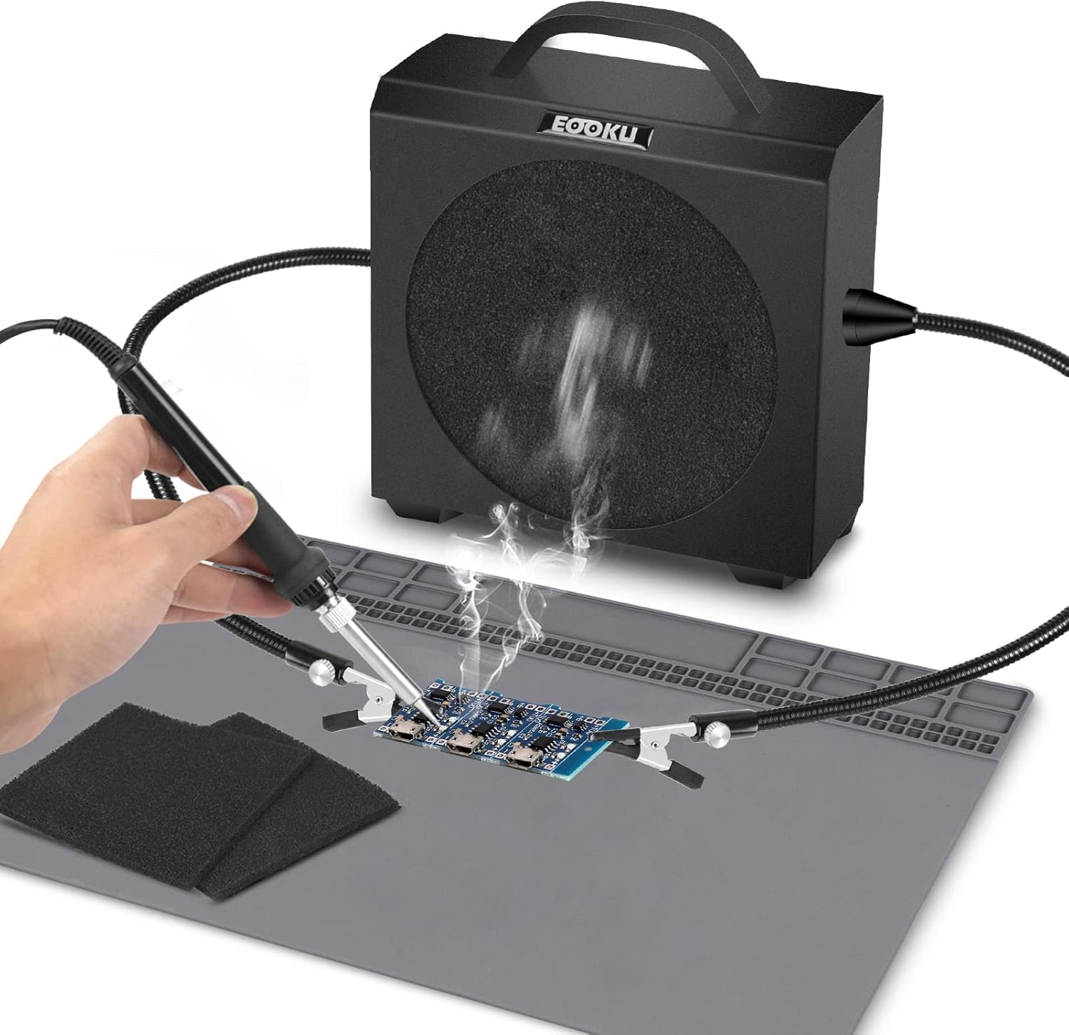 Solder Fume Extractor, 3-in-1 Smoke Absorber with Flexible Magnetic Arms Heat Insulation Silicone Repair Mat for Soldering DIY Working Station