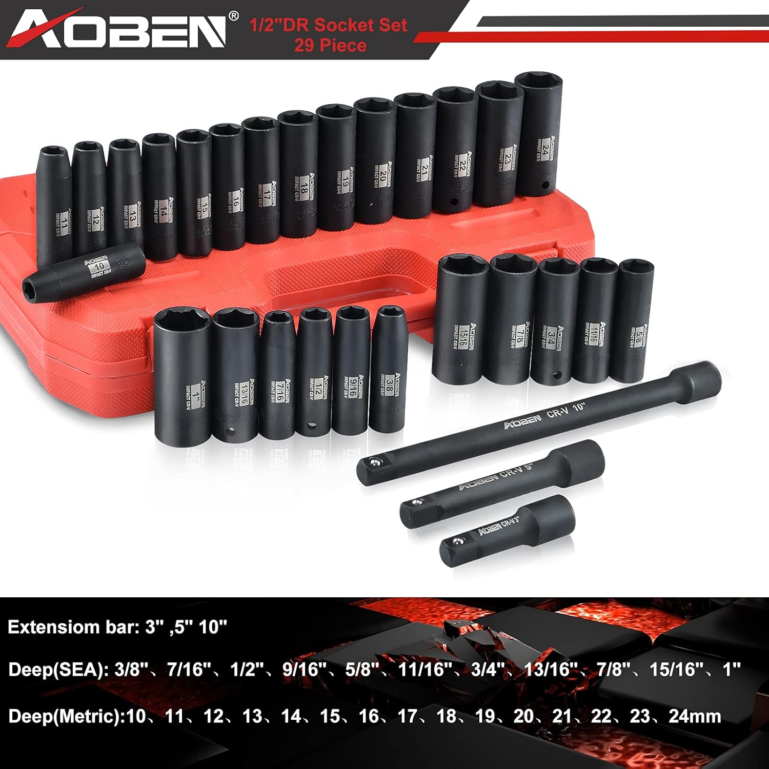 AOBEN 1/2-Inch Drive Impact Socket Set, 29 Pieces, 6 Point, SAE/Metric, (3/8