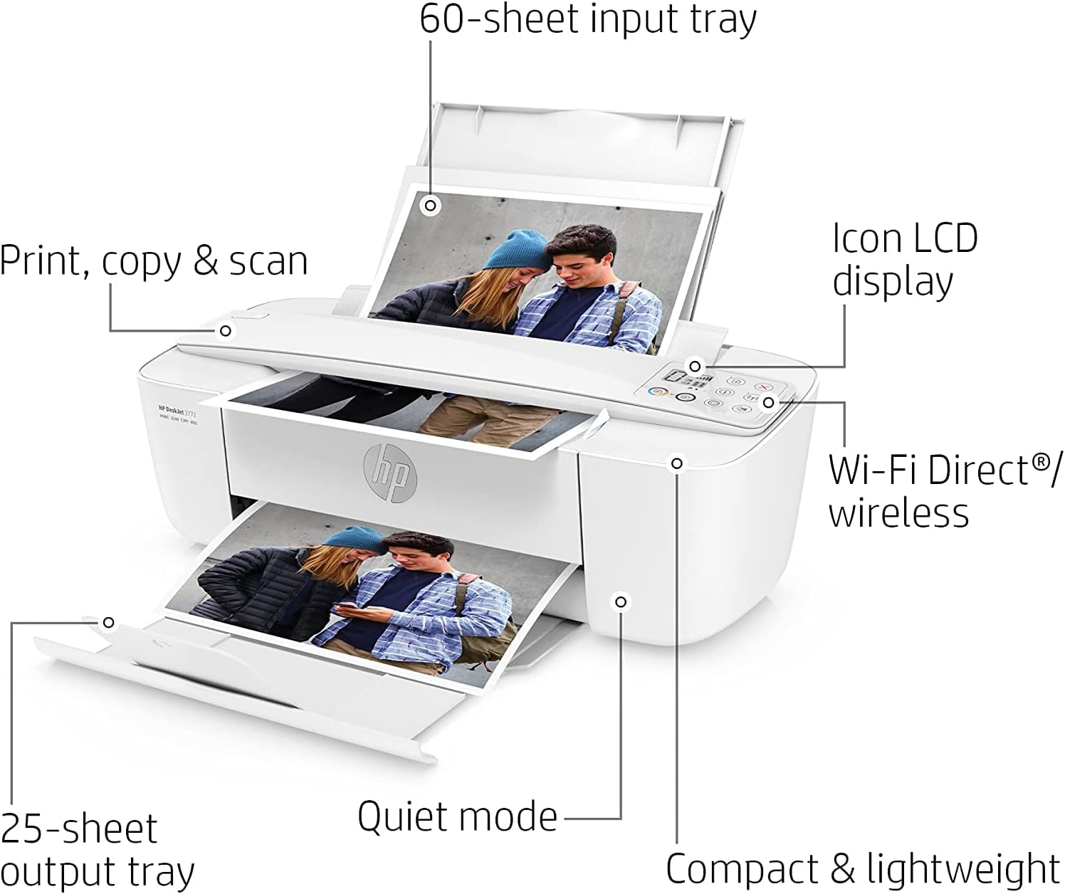 H -P DeskJet Wireless Color Inkjet Printer All-in-One with LCD Display - Print Scan Copy and Mobile Printing Ultra Compact with 6 ft NeeGo Printer Cable