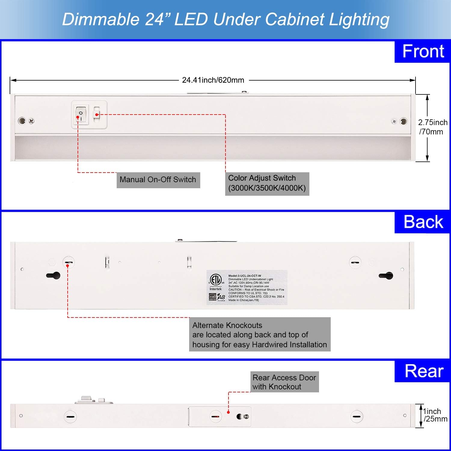 Tianyoelec LED Under Cabinet Lighting Fixture , 24-inch 14W 985 Lumen, Dimmable, CRI 90, 3000K/3500K/4000K, Linkable, Hardwired or Plug-in, White Finish Pack of 2