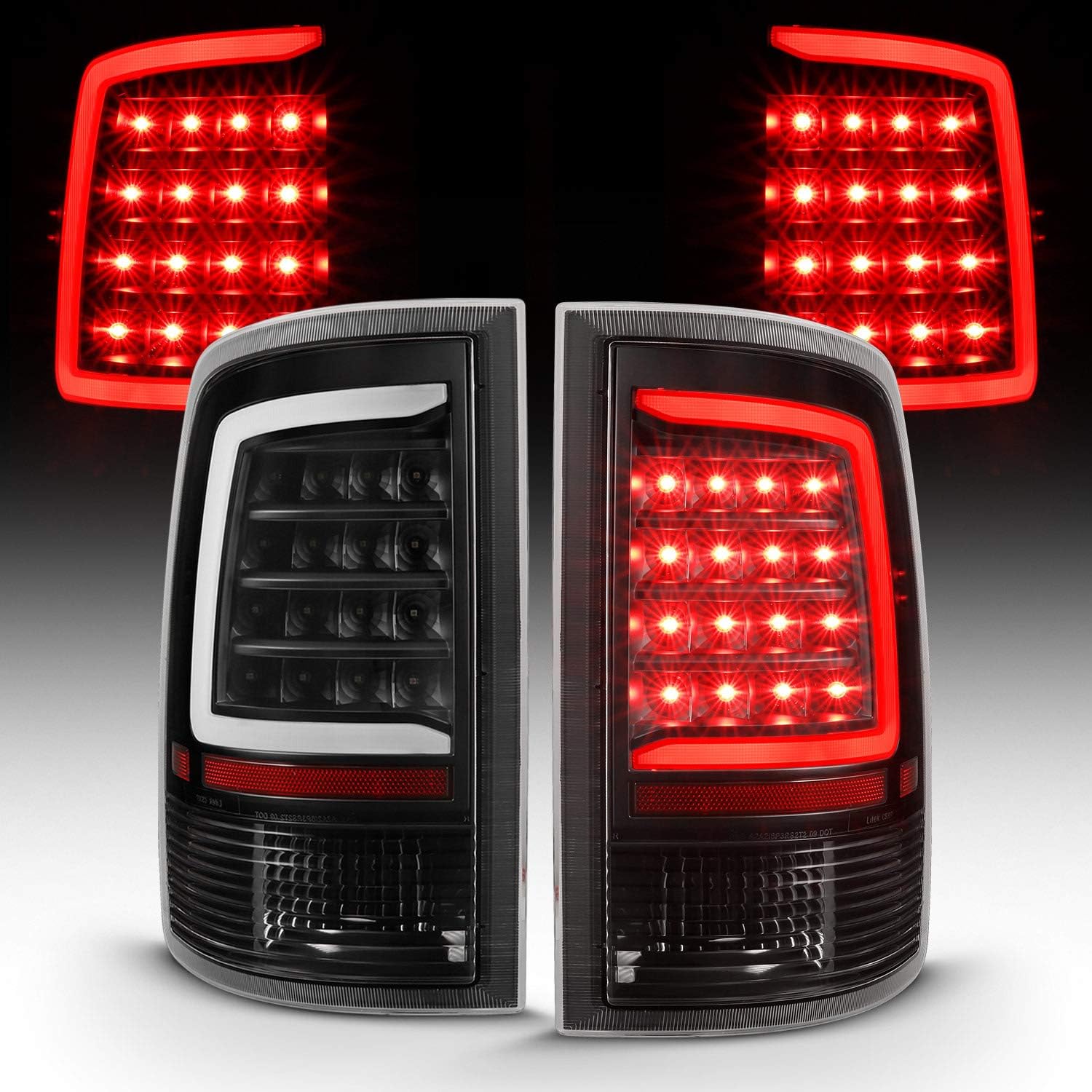 AmeriLite for 2009-2022 Dodge Ram 1500 / 10-22 Ram 2500 3500 Truck C-Type LED Tube Black Replacement Tail Light Assembly Pair - Passenger and Driver Side