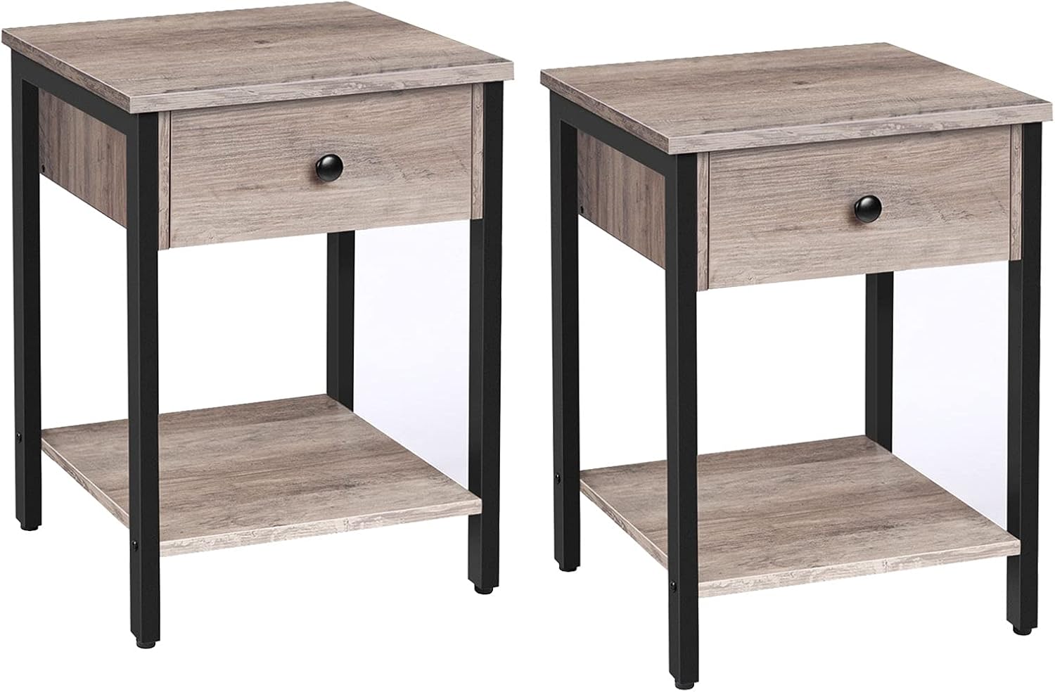 HOOBRO Set of 2 Nightstands, 2-Tier End Table, Industrial Side Table with Drawer and Storage Shelf, Wood Accent Table with Metal Frame, Easy Assembly, Greige and Black BG40BZP201