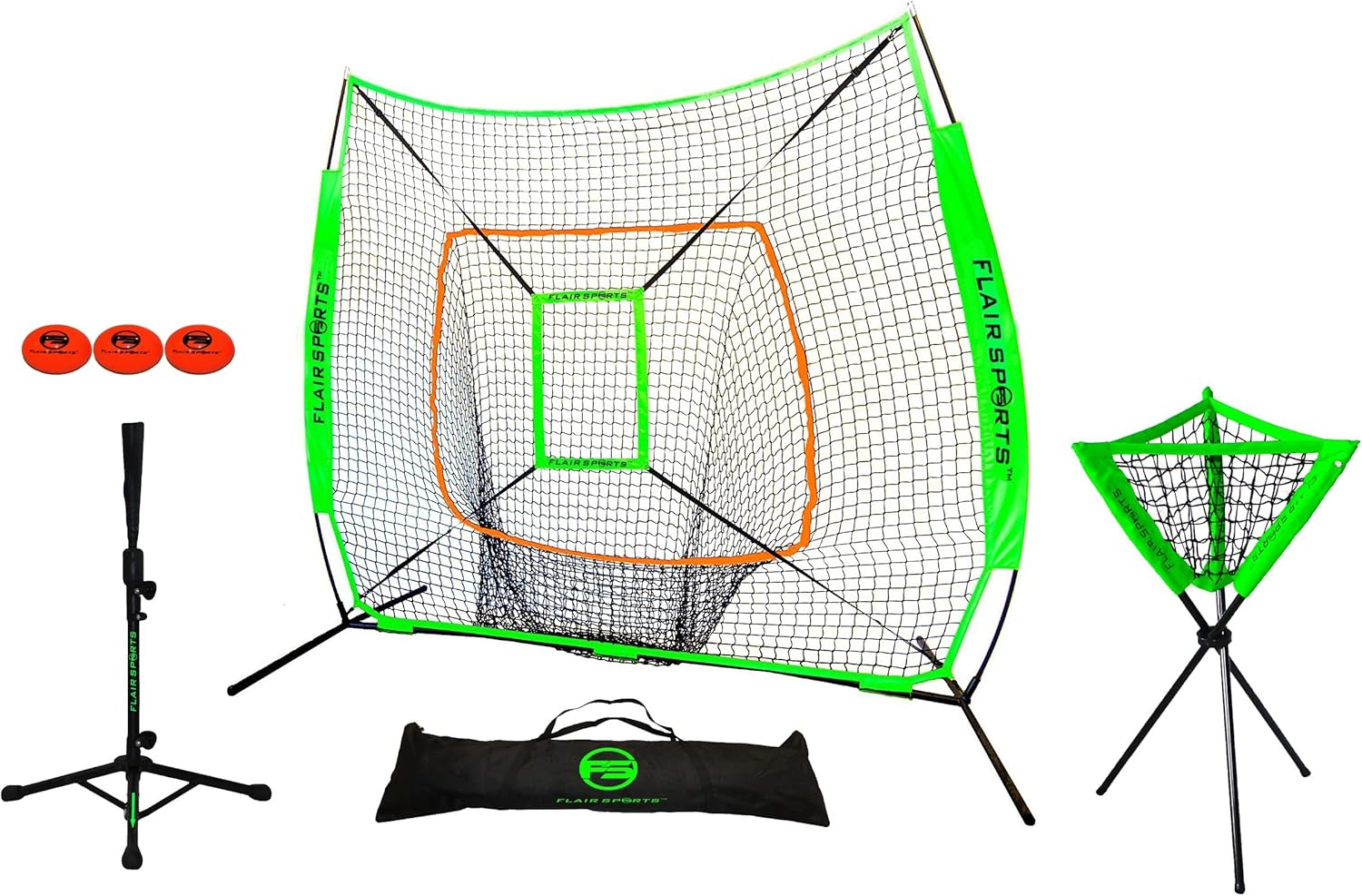 Flair Sports Baseball & Softball Net for Hitting & Pitching - Professional Series Heavy Duty Combo Pack - Ball Holder Caddy - Portable Hitting Tee - 3 Weighted Hitting Balls - Strike Zone