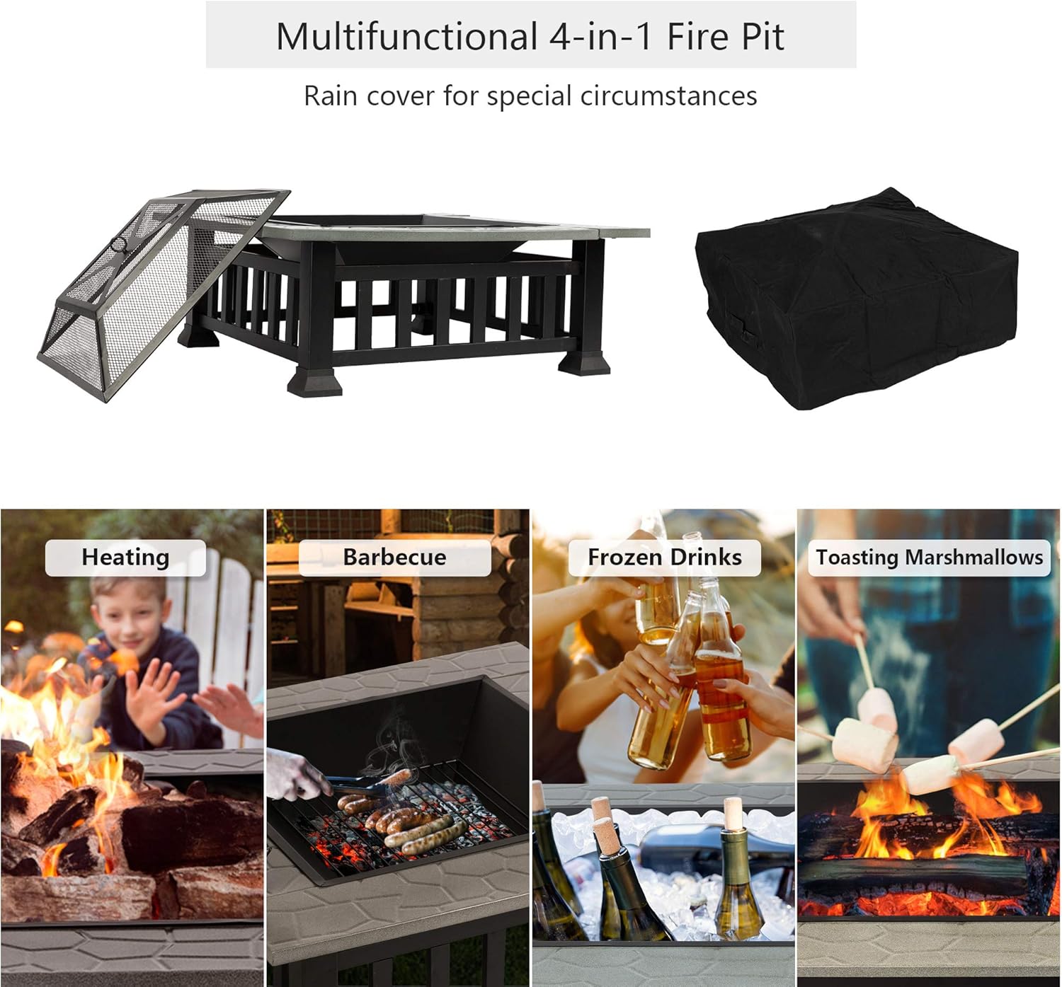 LUCKYERMORE Outdoor Fire Pit 32&rdquo; Square Wood Burning Firepit w/BBQ Grill, PVC Rain Cover, Log Grate and Poker, for Backyard, Camping, Picnic, Bonfire, Garden