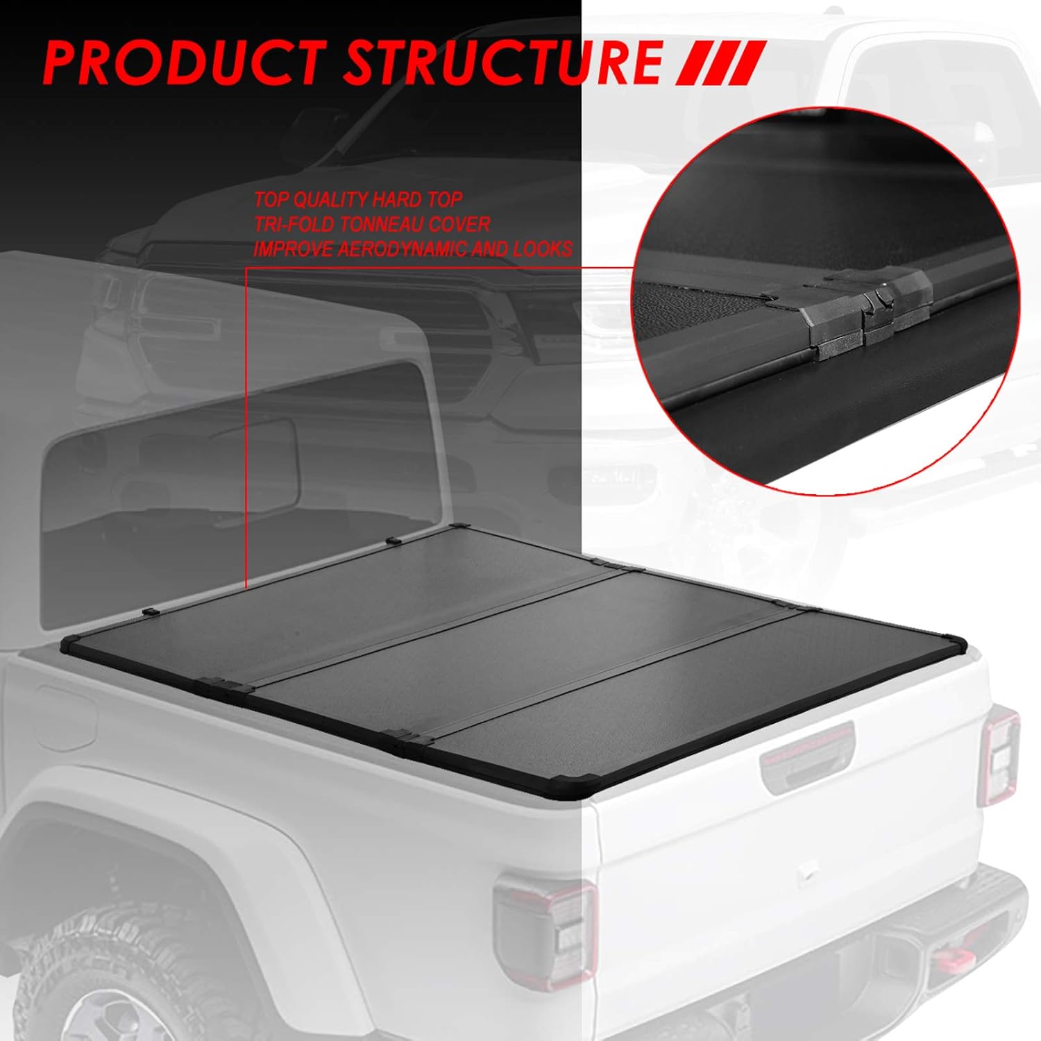 FRP Hard Solid Tri-Fold Adjustable Truck Tonneau Cover Compatible with Ram 1500 76.3in. Fleetside Beds without Ram Box 19-20, Black Powdercoated