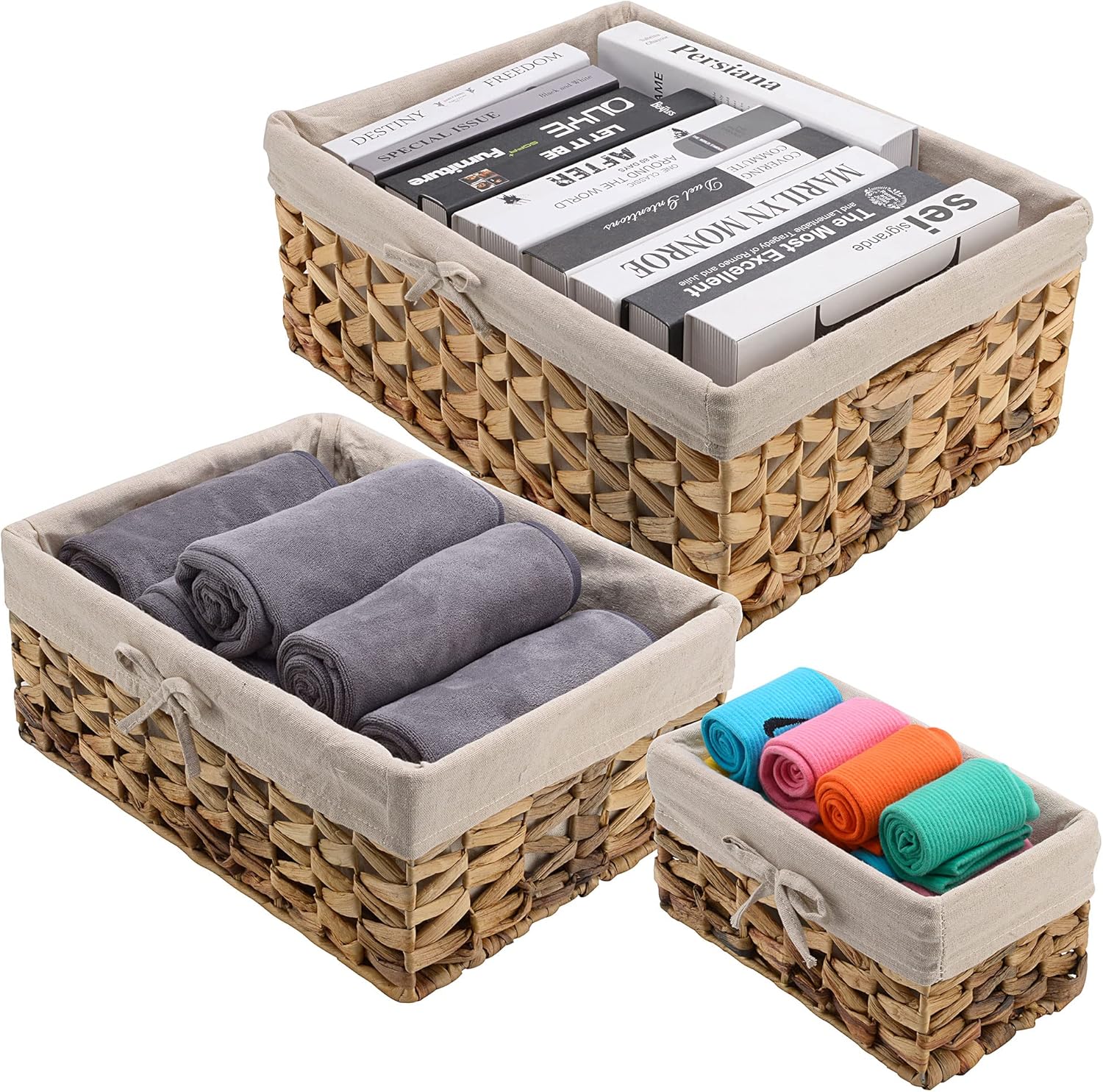 Natural Hyacinth Wicker Storage Baskets, Hand Woven, Set of 3 (Large, Medium, Small) Water Hyacinth Baskets, for Living Room, Organizing Decorative, Woven Basket Organizer Bins, with Detachable Lining Pack of 2