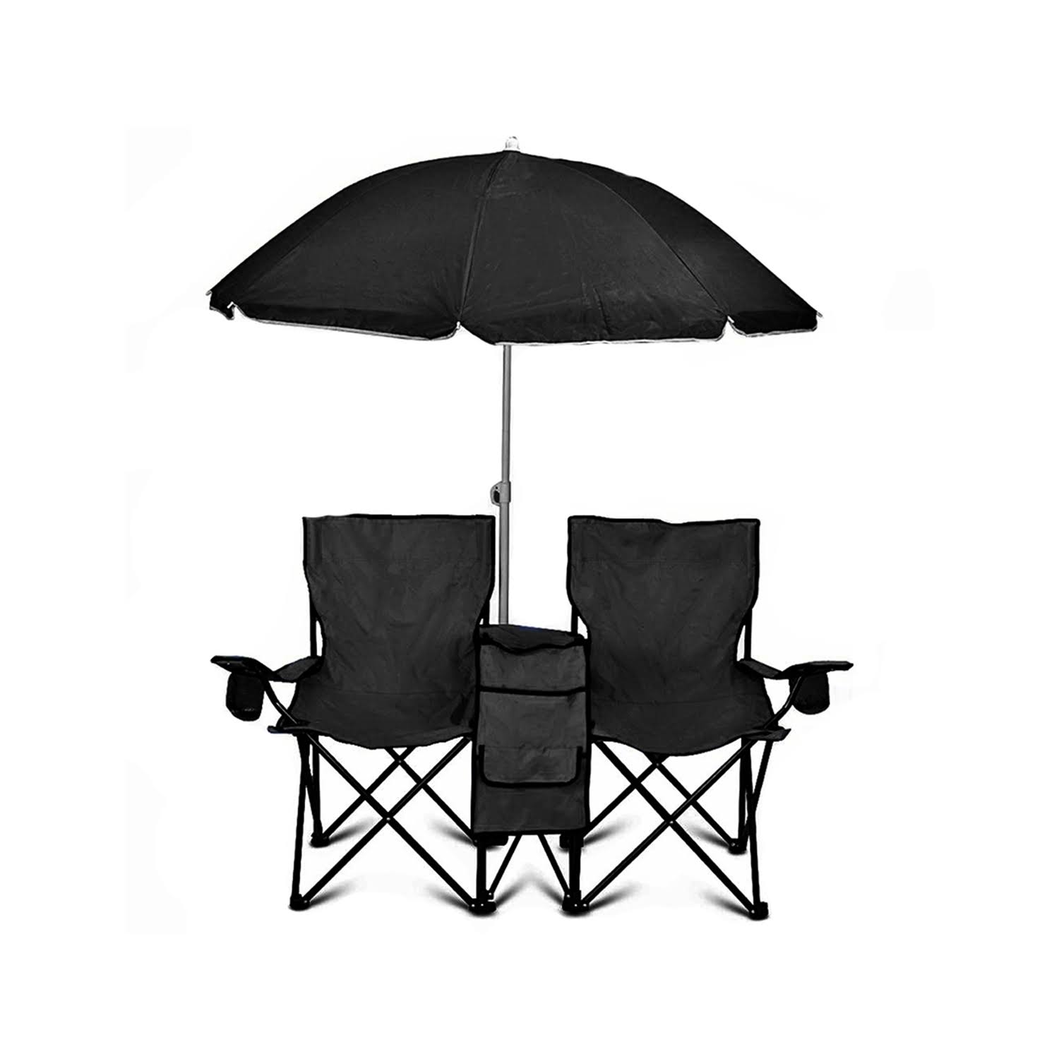 GoTeam Portable Double Folding Chair with Removable Umbrella, Cooler Bag and Carry Case (Black)