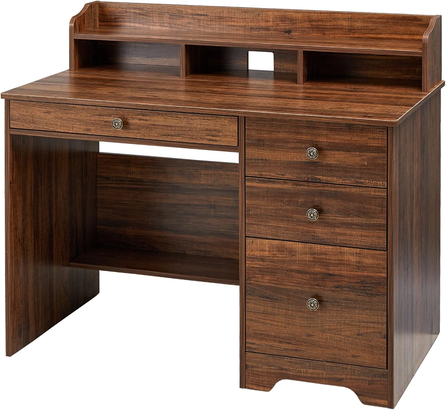 Computer Desk with 4 Storage Drawers and Hutch Shelf, Wood Frame Home Office Desk with Wide Tabletop, Industrial Vintage Style Executive Desk Writing Study Table PC Desk, Black