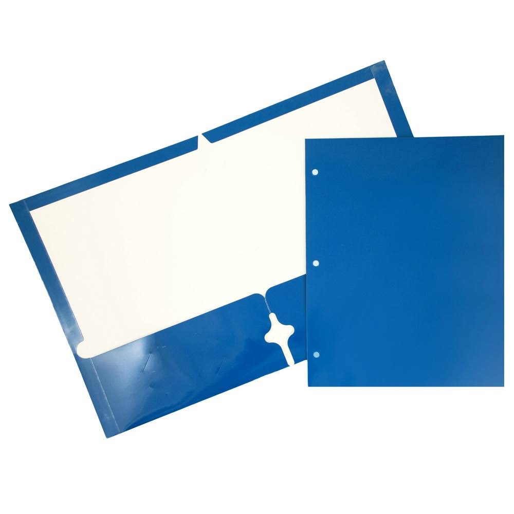 Jam Paper Laminated Glossy 3 Hole Punch Two-Pocket School Folders, Blue, Bulk 25/Pack (385GHPBUD)