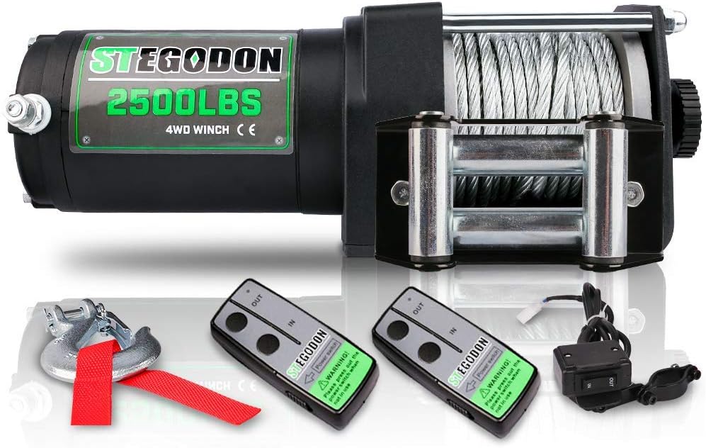 STEGODON 2500 lb. Load Capacity Electric Winch,12V Steel Cable Winch with Wired Handle and Wireless Handheld Remotes,Waterproof IP67 Electric Winch with 4-Way Roller Fairlead（Matte Black）