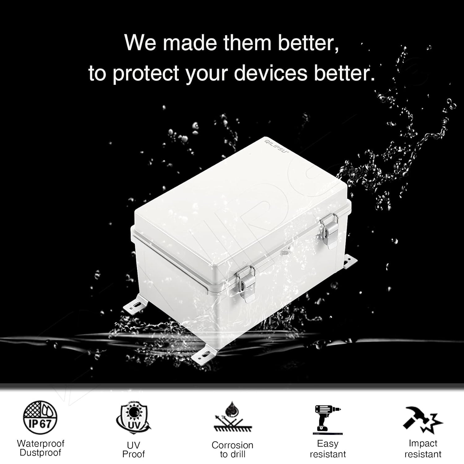 QILIPSU Hinged Cover Stainless Steel Latch 300x200x170mm Junction Box with Mounting Plate, Universal IP67 Project Box Waterproof DIY Electrical Enclosure, ABS Plastic Grey (11.8