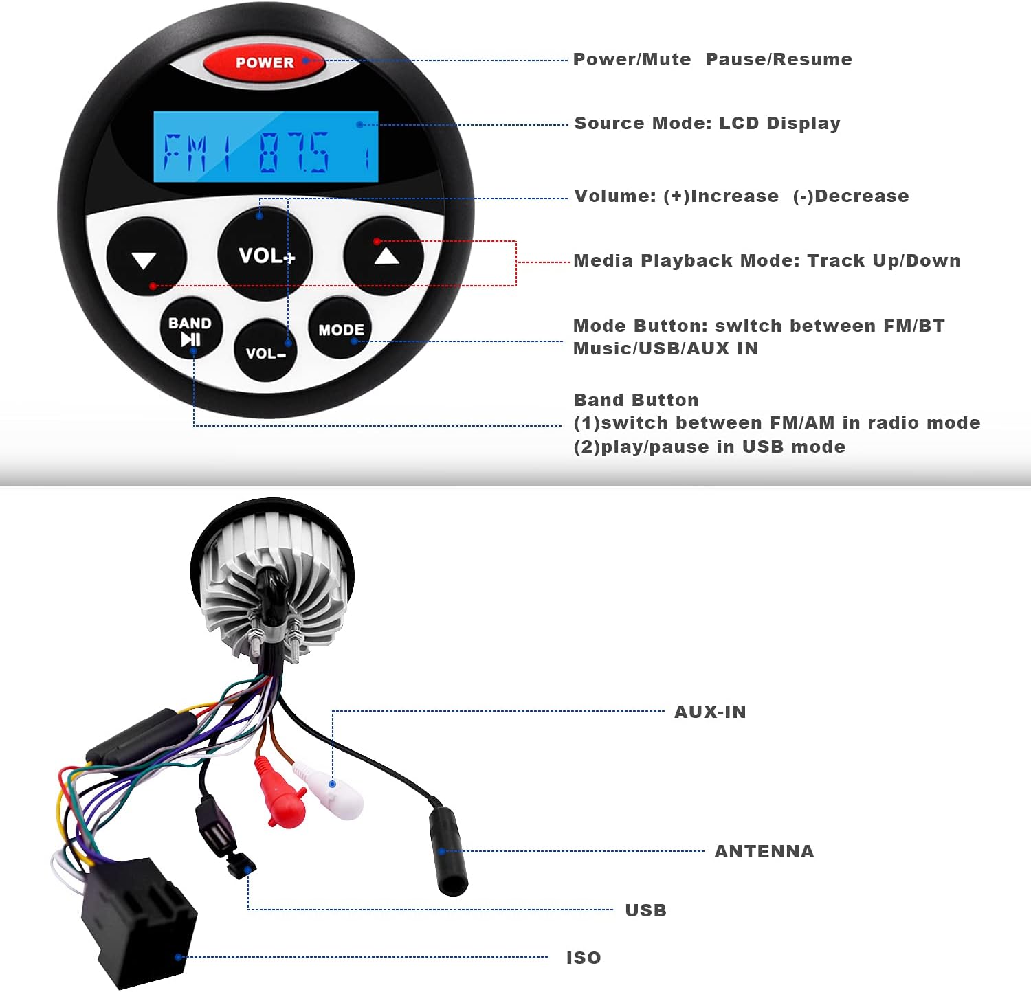 GUZARE Boats Marine Stereo and Speaker Package - Bluetooth MP3 USB AM FM Marine Radio with 4 Inch x 4 Black Speakers and USB 3.5MM AUX to RCA Interface Mount Cable 304-4001B2-USB