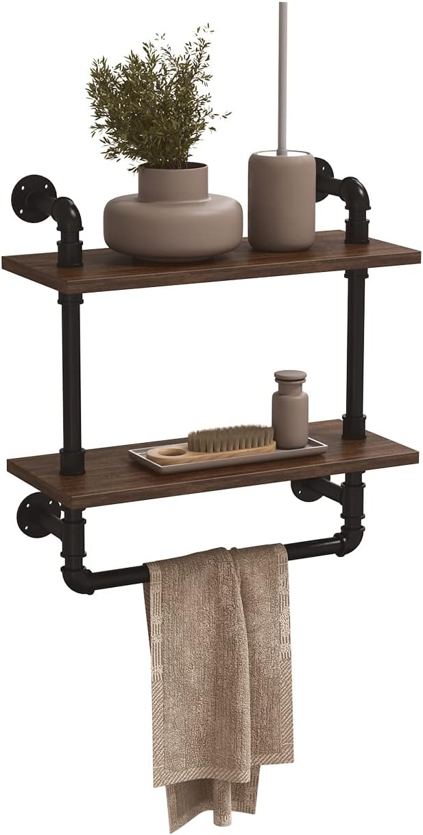 Industrial Pipe Shelf, DIY Retro Wall Mount Shelves Book Storage Floating Shelving 2 Tier Rustic Wood Iron Racks Towel Hung Bracket Mounted Kitchen Office Planks Bathroom Bar（One-Piece Shelf）