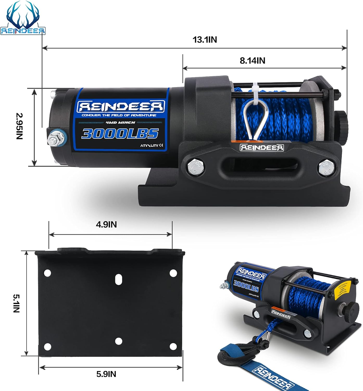 REINDEER New 12V Winch 3000 lb Load Capacity Electric Winch Kit Synthetic Rope for ATV UTV with Hawse Fairlead Waterproof IP67 with Wireless Remotes