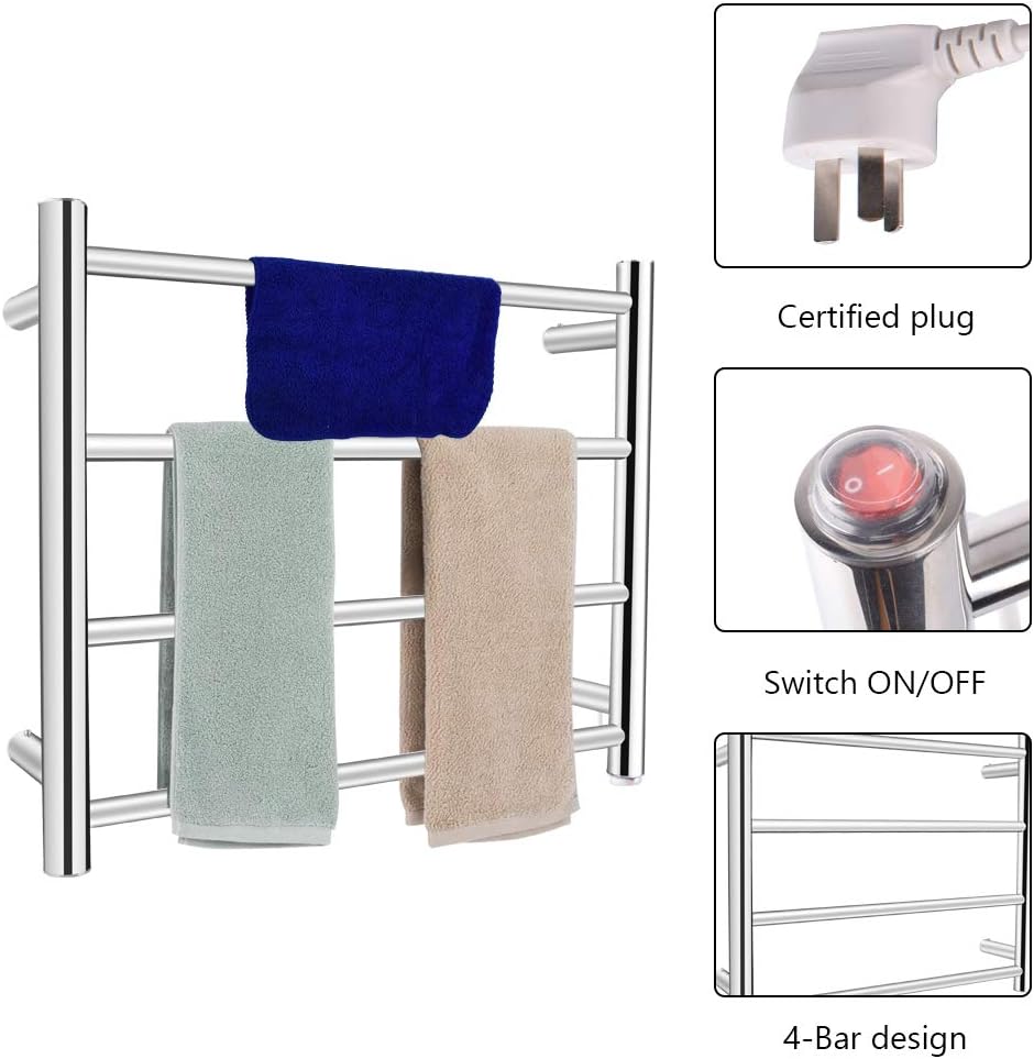 PELOEMNS Heated Towel Rack, Towel Warmer Rack Wall Mounted, Stainless Steel Wall Mounted Towel Drying Rack Round Tube, Power 80W 110V Constant Temperature 70°C Heated Towel Warmer for Home, Bathroom