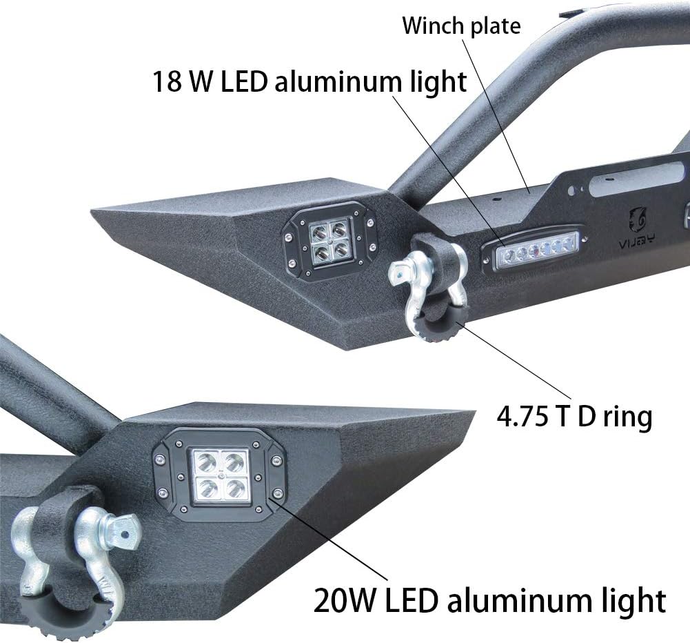 Tioyar Front Bumper Black Texture w/Winch Plate & 4 LED Lights & D-Ring for 2018-2022 Wrangler JL / 2020-2022 Jeep Gladiator JT Truck