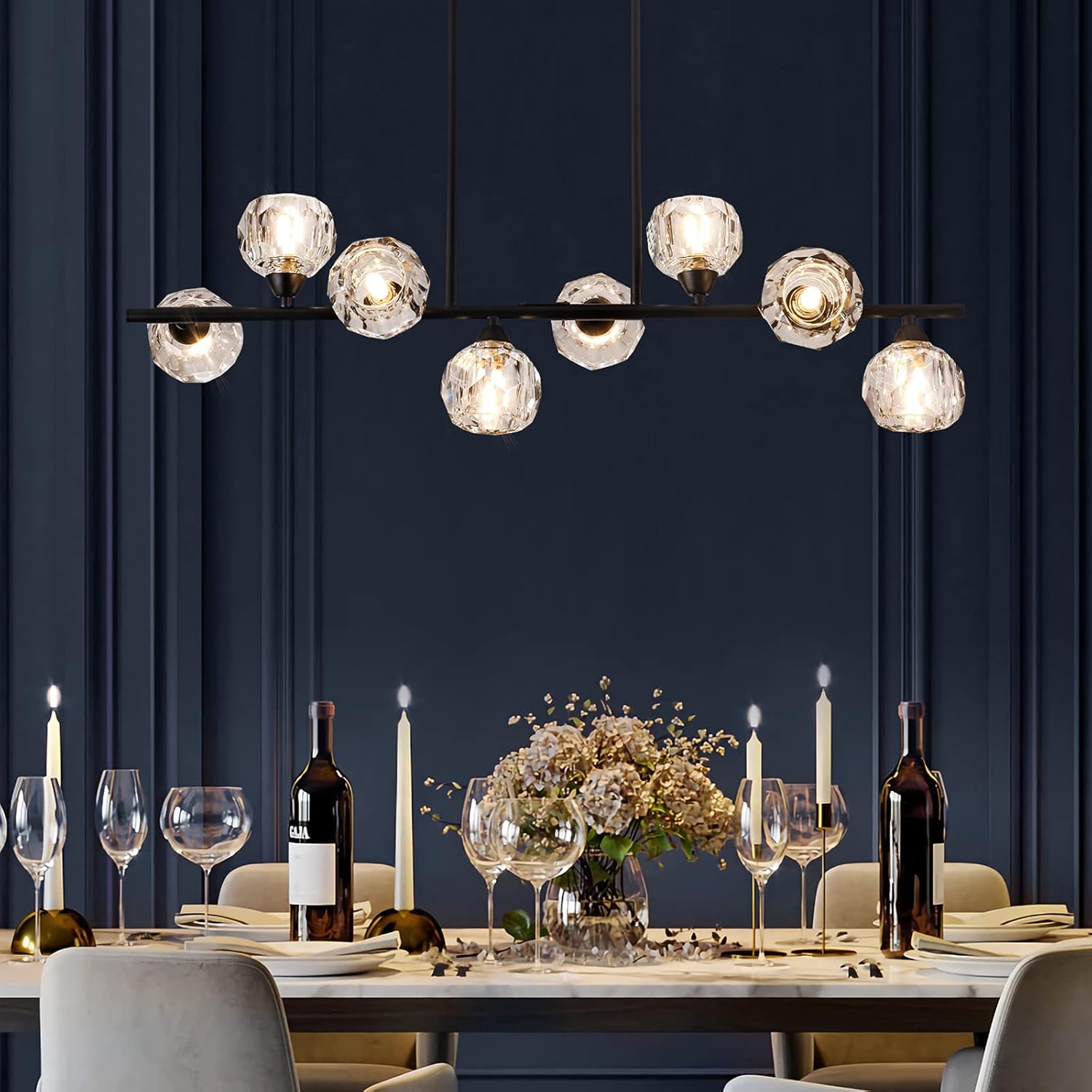 Pretoy Kitchen Island Chandelier Diamond Crystal Shade Chandelier 8 Lights Black Branches Mid Century Ceiling Light Fixture for Dining Room Bedroom Living Room,Cut Crystal with G9 LED Bulbs