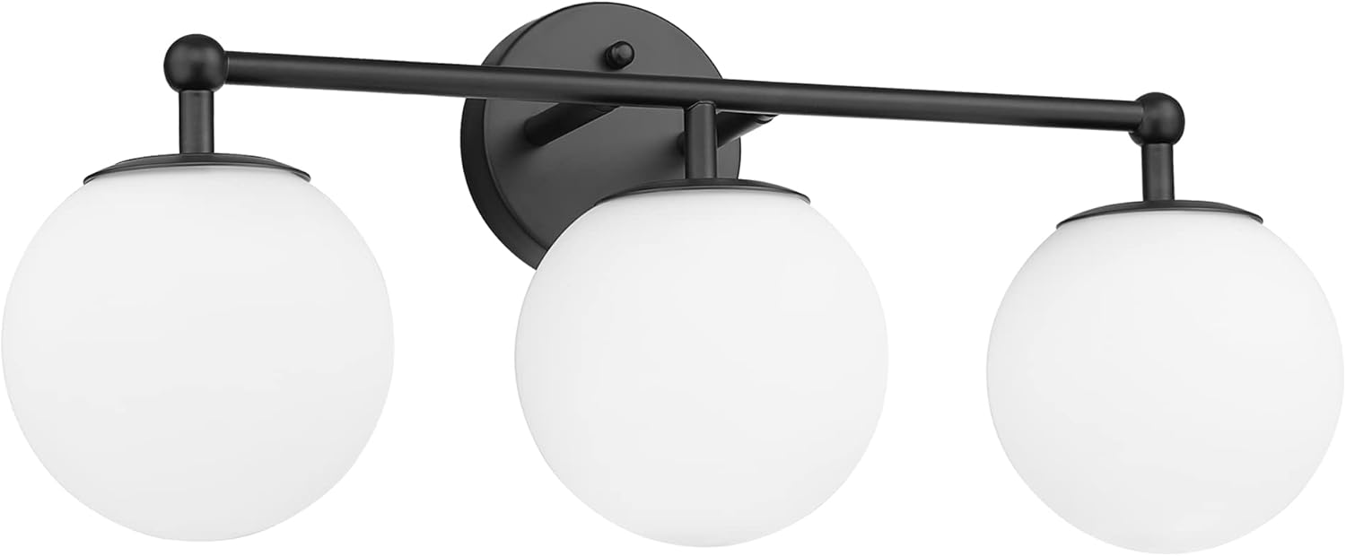 AKEZON Black Vanity Lights for Bathroom, Farmhouse Bathroom Light Fixtures 3-Light Over Mirror with Milky Glass Globe Shade, KW-7307-3