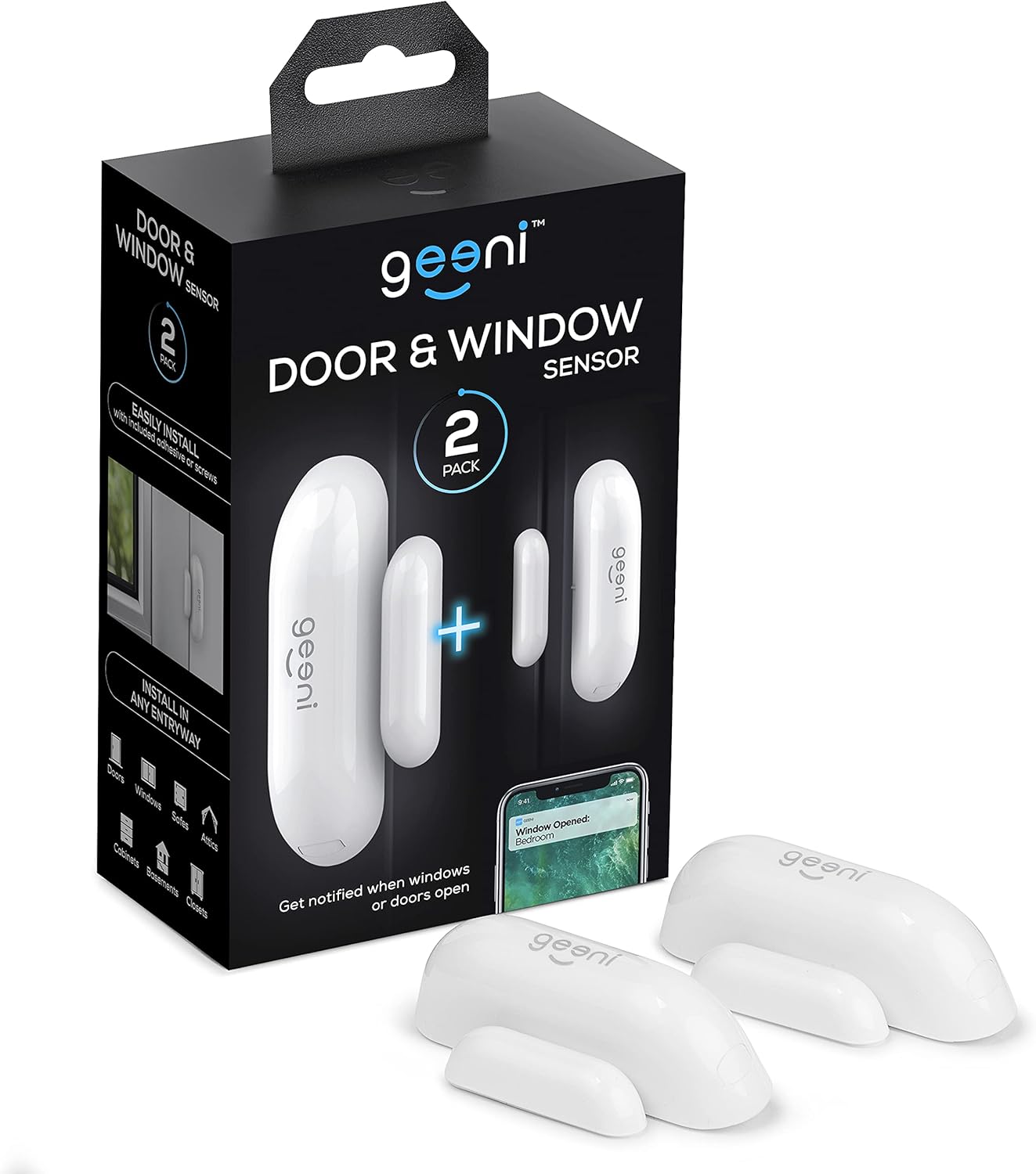 Geeni Wi-Fi Door Sensor, Smart Door and Window Sensors, White, 2-Pack No Hub Required – Wireless Design, Instant Alerts, Requires 2.4 GHz Pack of 2