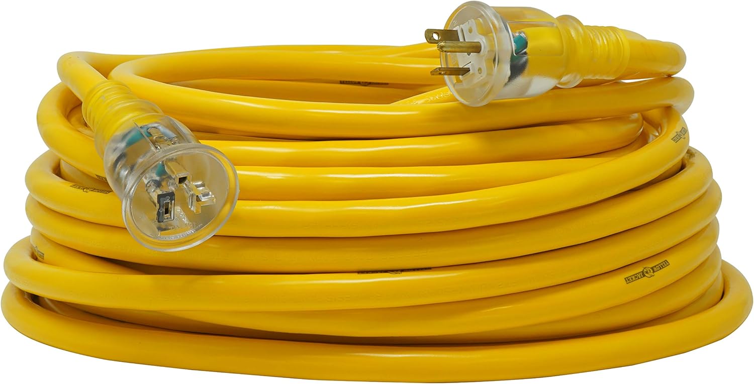 Yellow Jacket 2992 10/3 Extra Heavy-Duty 20-Amp Premium SJTW Contractor Extension Cord with Lighted T-Blade Plug, 100-Foot All Copper Wire Extension Cord, 20 Amps, 125 Volts, 2500 Watts, Yellow