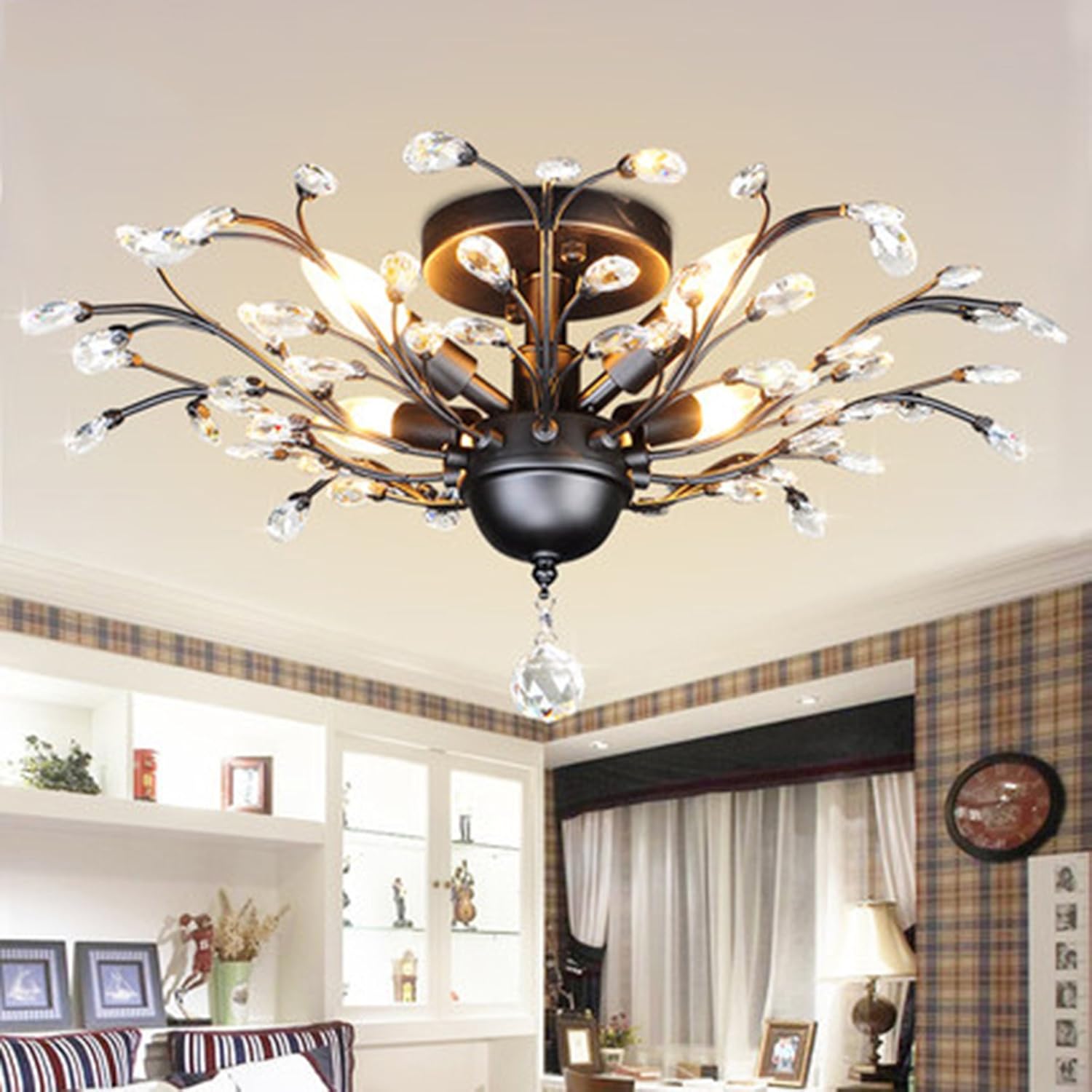 SEOL-Light Vintage Large Crystal Branches Chandeliers Black Close to Ceiling Light Flush Mount Fixture with 5 Light 200W 31.5
