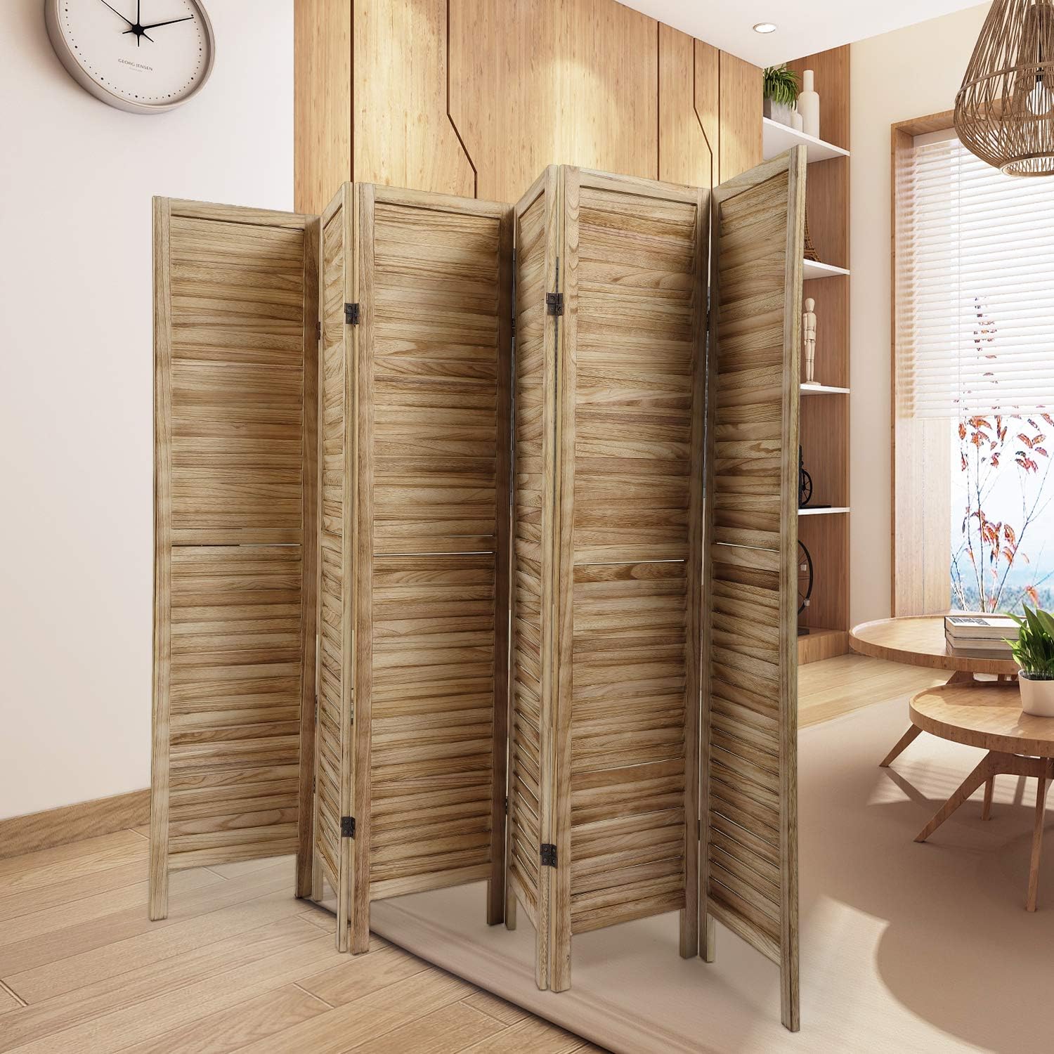 JAXPETY 4 Panel Wood Louvered Room Divider, 5.6 Ft Tall Oriental Folding Freestanding Privacy Screen Room Dividers for Home, Office, Bedroom (White)