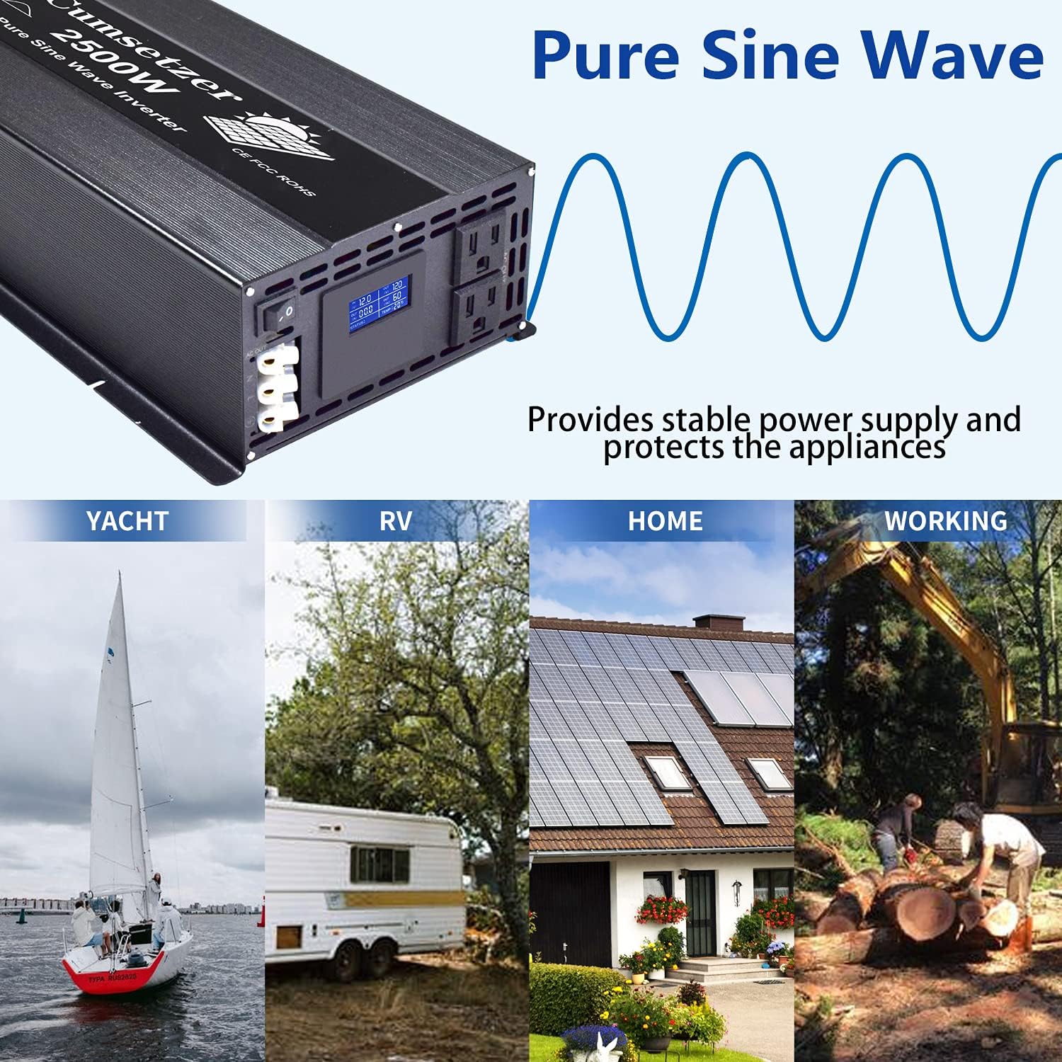 Cumsetzer 2500w Pure Sine Wave Inverter Power Inverter 48v dc to ac 110v 120v with Dual US Outlet, Hardwire Terminal, LCD Display for RV, Truck, Yacht, and Off Grid Solar System (2500w 48v)