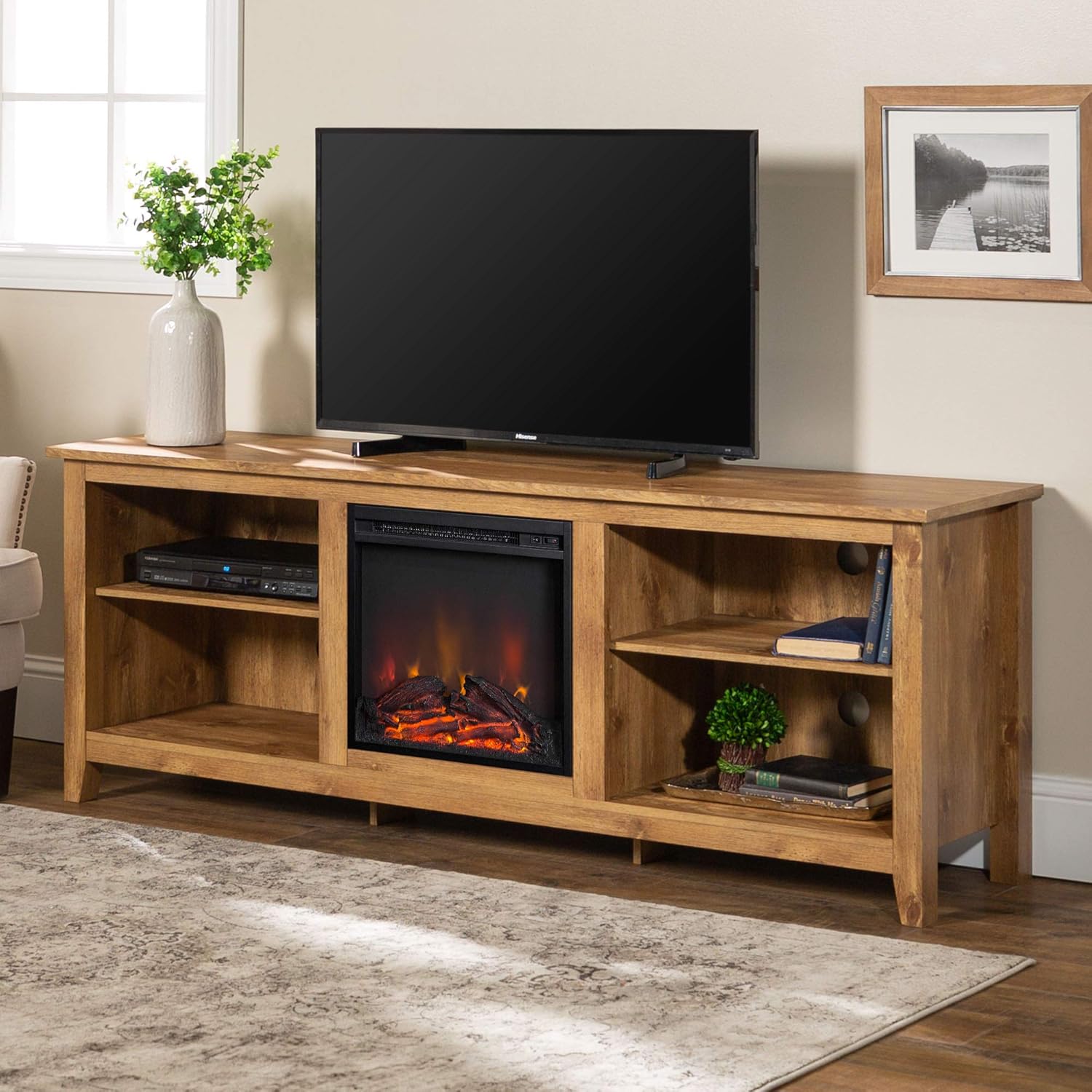 Walker Edison Wren Classic 4 Cubby Fireplace TV Stand for TVs up to 80 Inches, 70 Inch, Espresso