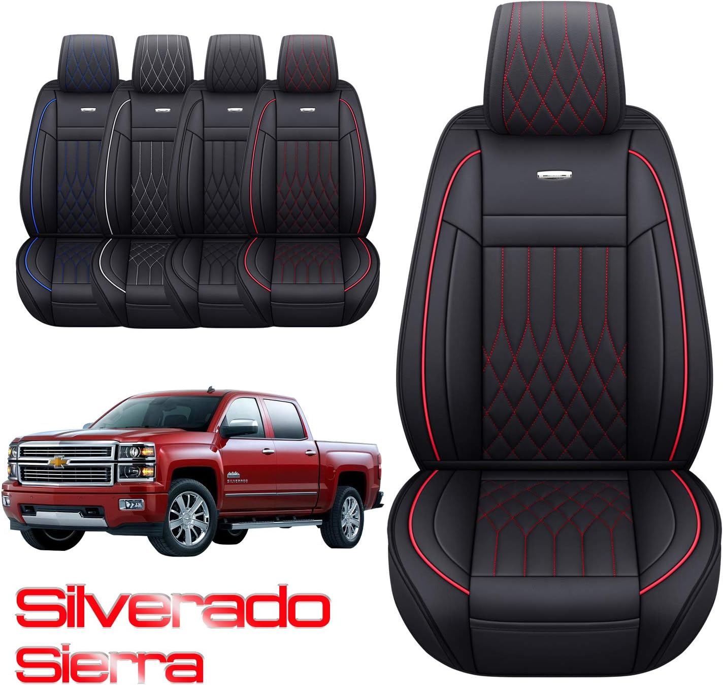 Aierxuan Chevy Silverado GMC Sierra Car Seat Covers Full Set with Waterproof Leather, Fit for 2007-2022 1500/2500 HD / 3500 HD Crew,Double,Extended Cab or Pickup Truck(Black and Red)