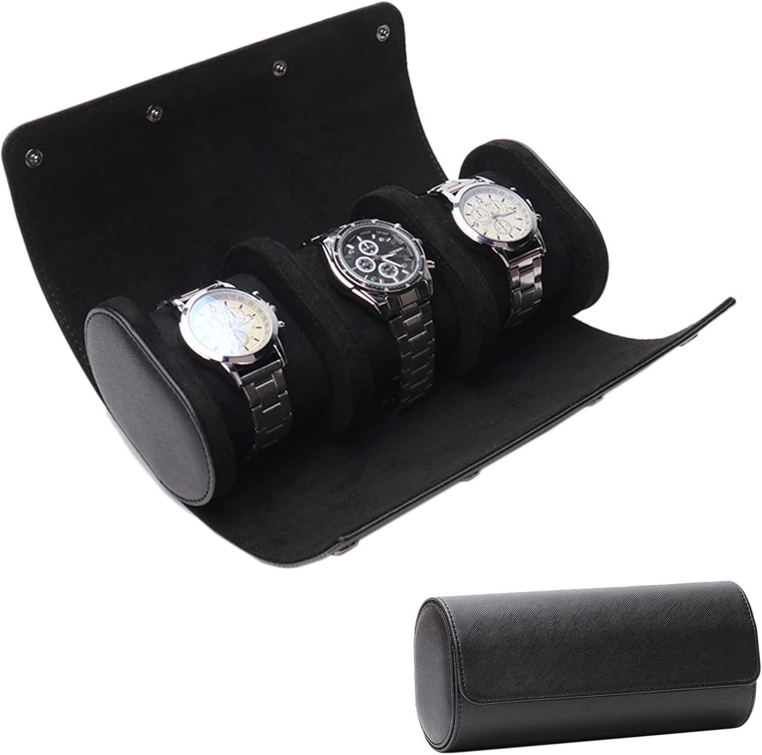 Watch Roll Travel Case&ndash;Leather Watch Case Organizer & Display with 3 Soft Slide-in Watch Pillows, Protect Your Watch From Scratches, Fits All Wrist Watches & Bracelets (3 Slot, Black))