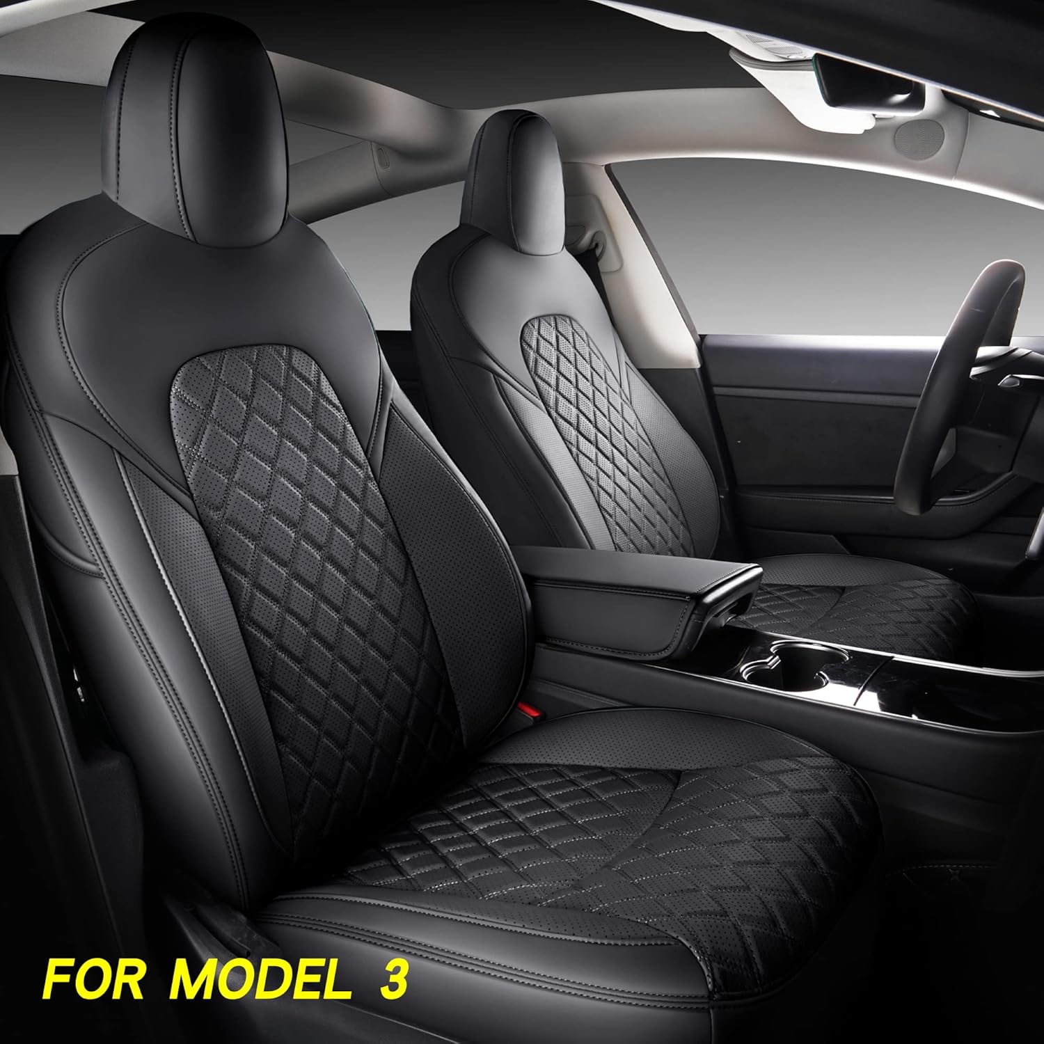SuperVibe Auto Full Coverage Faux Leather Custom Car Seat Covers Full Set Fit for 2020 2021 Tesla Model Y (Black & White)